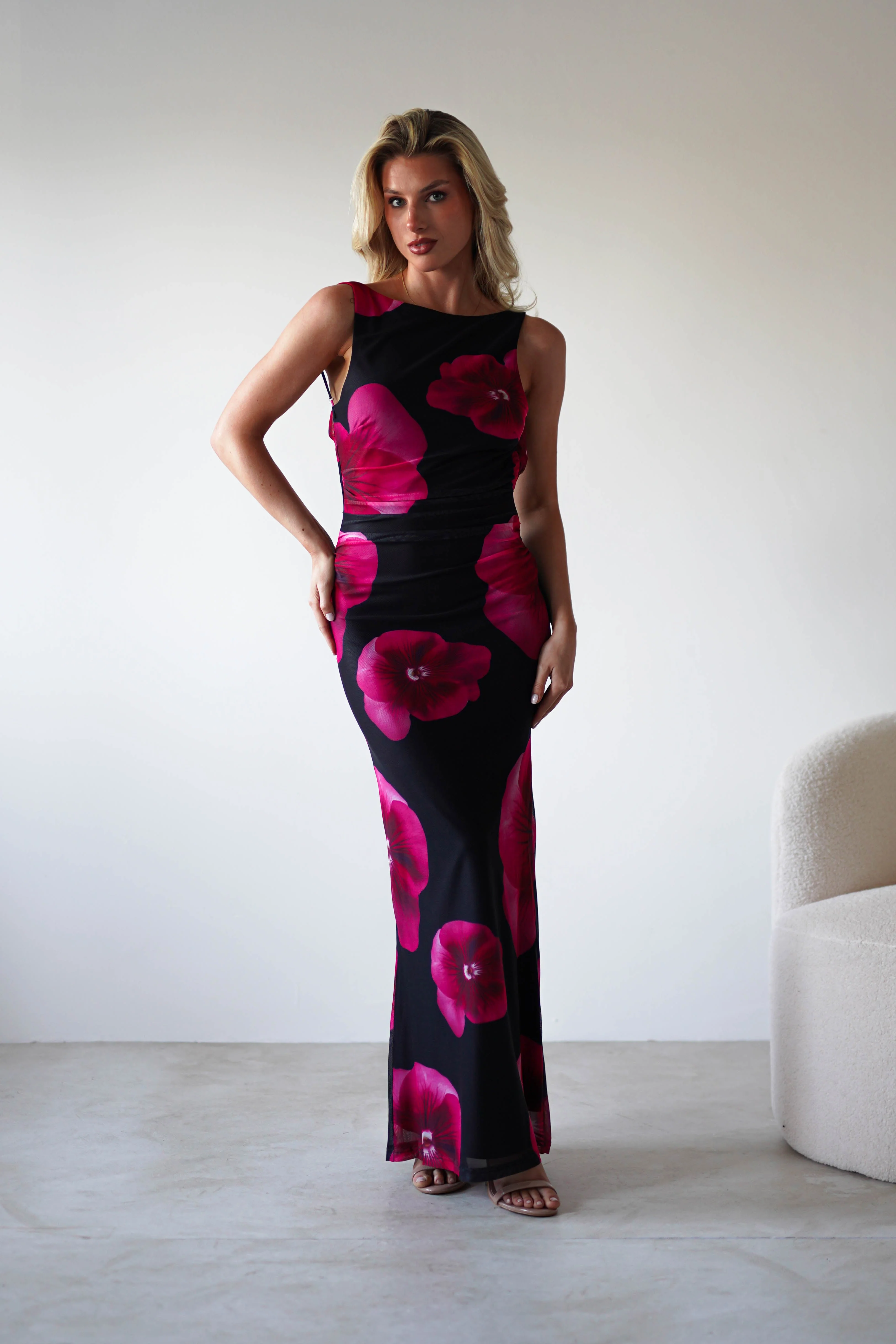 Nakita Mesh Floral Print Maxi Dress | Black - Image 8