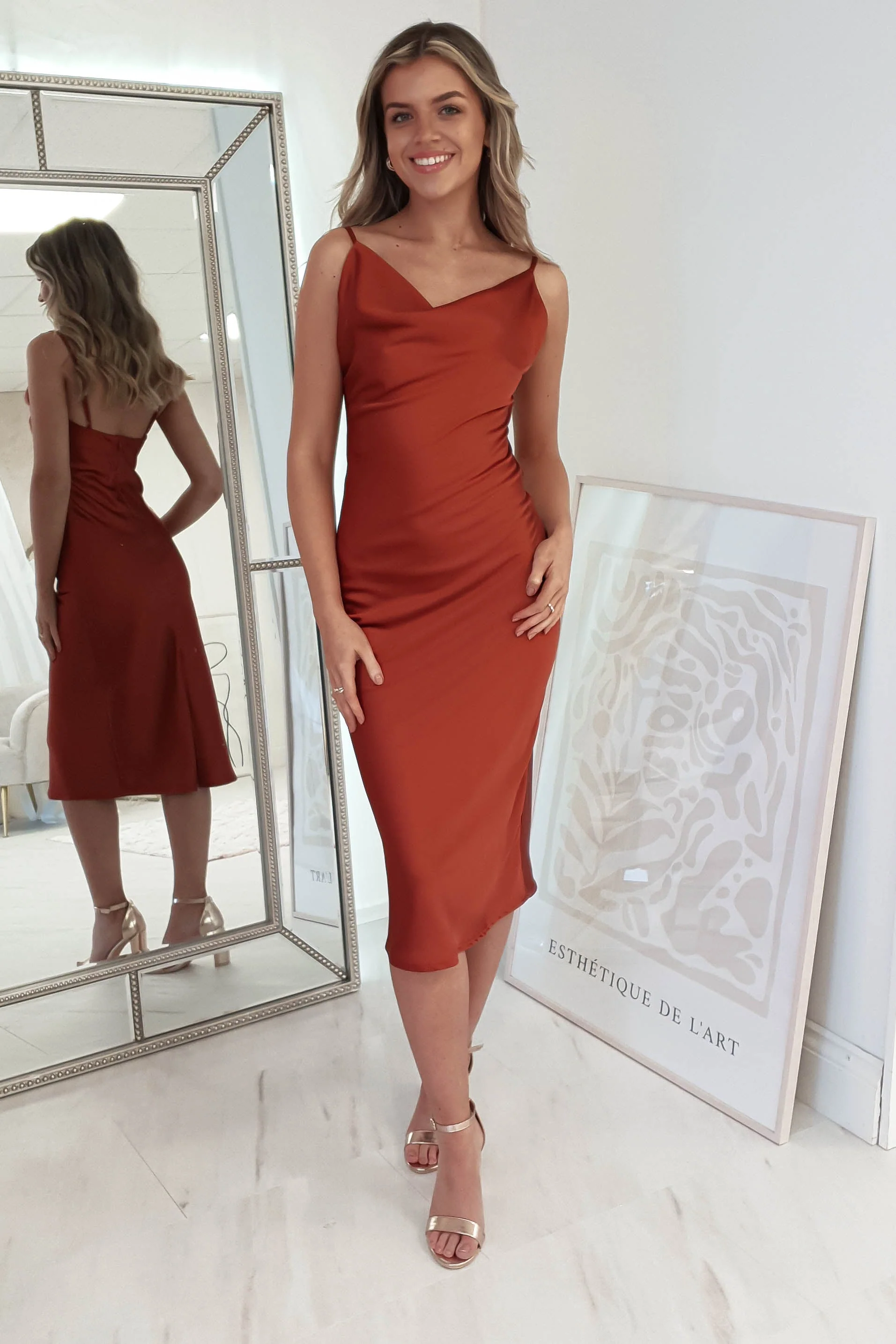 Natalie Satin Cowl Neck Midi Dress | Rust - Image 4