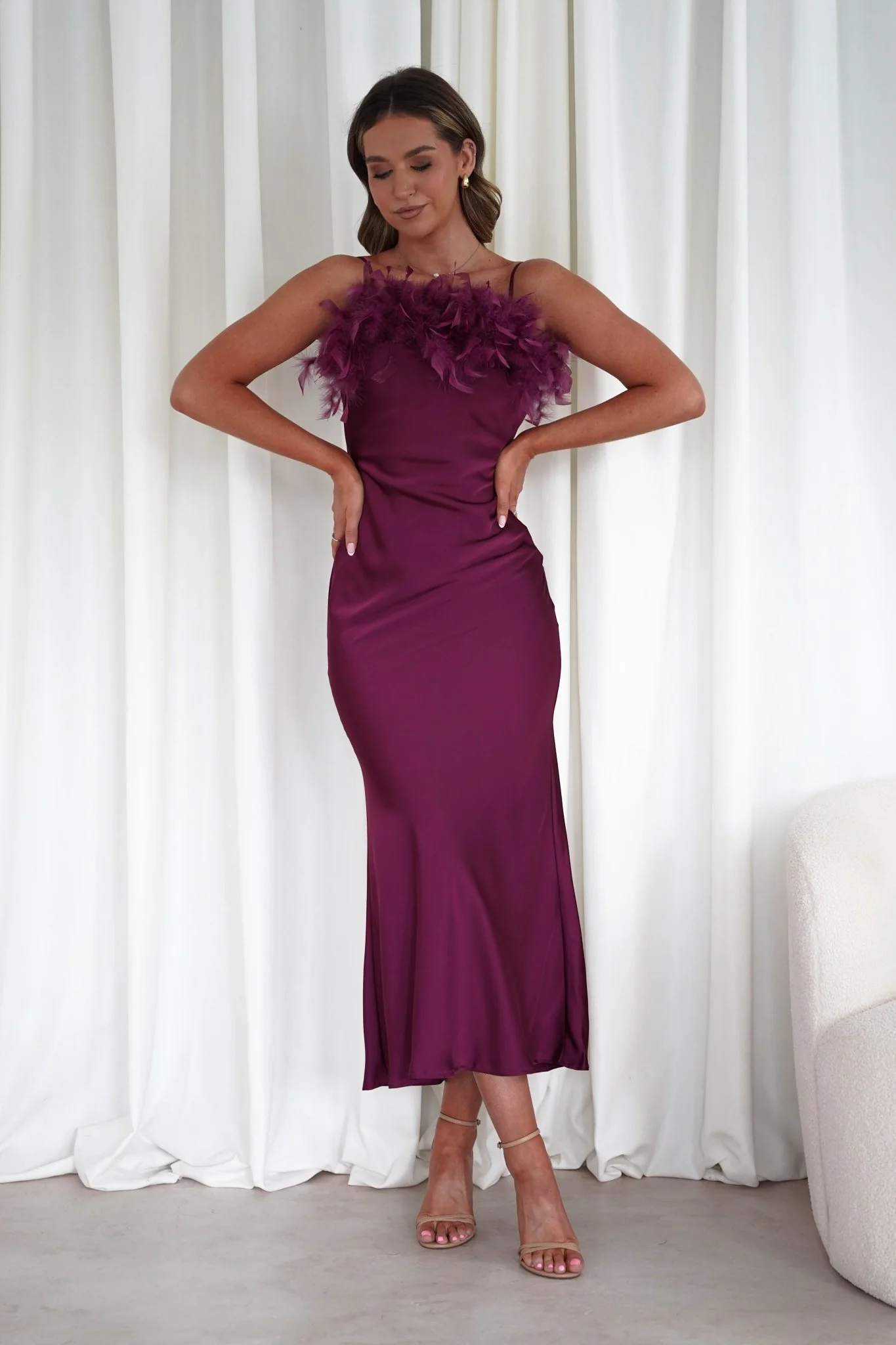 Neve Silky Satin Feather Slip Dress | Plum - Image 5