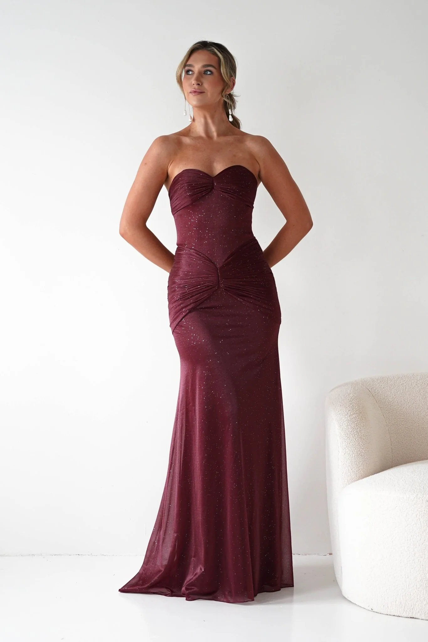 Nicola Strapless Glitter Gown | Burgundy - Image 5