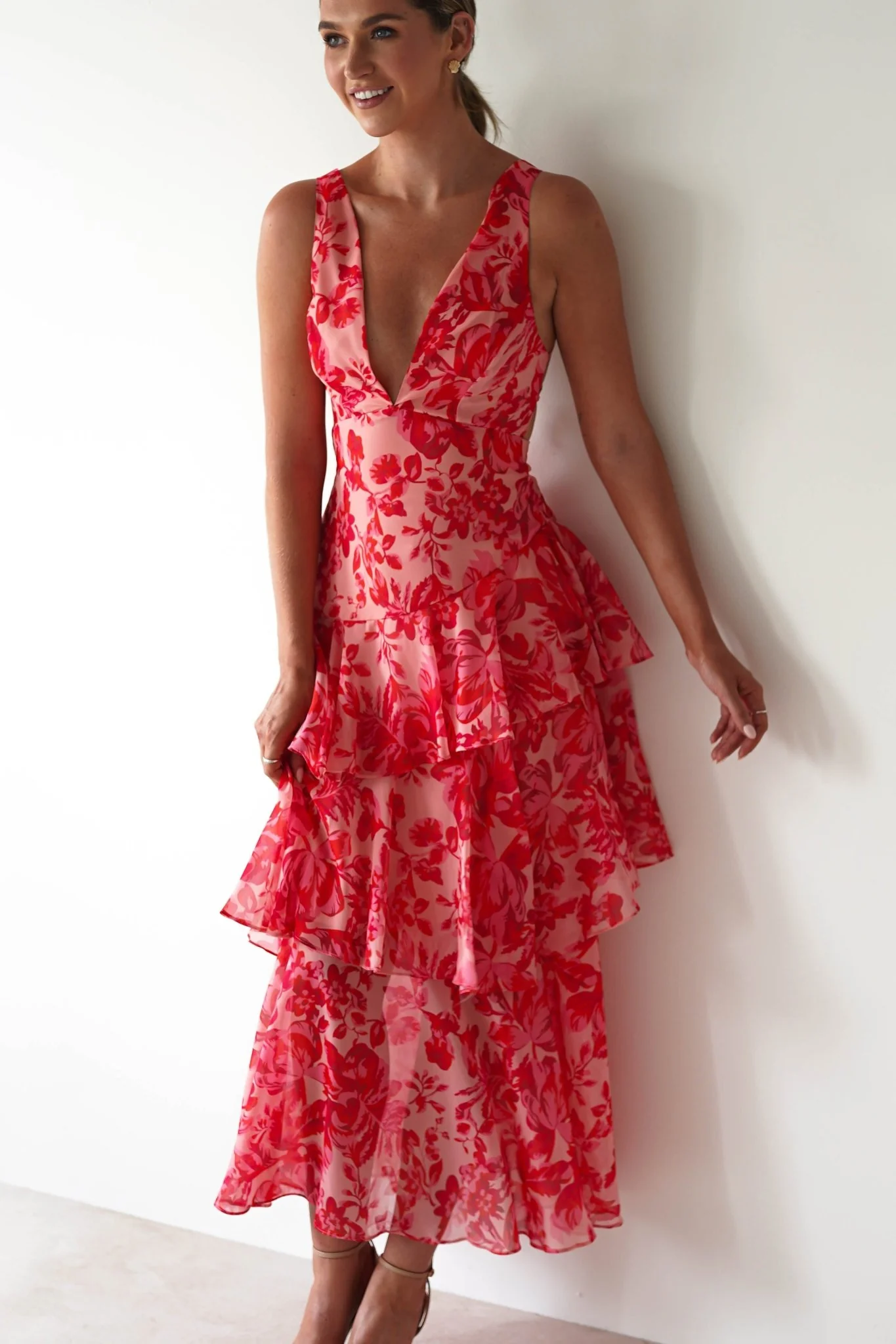 Nicolette Ruffle Maxi Dress | Red Print - Image 7