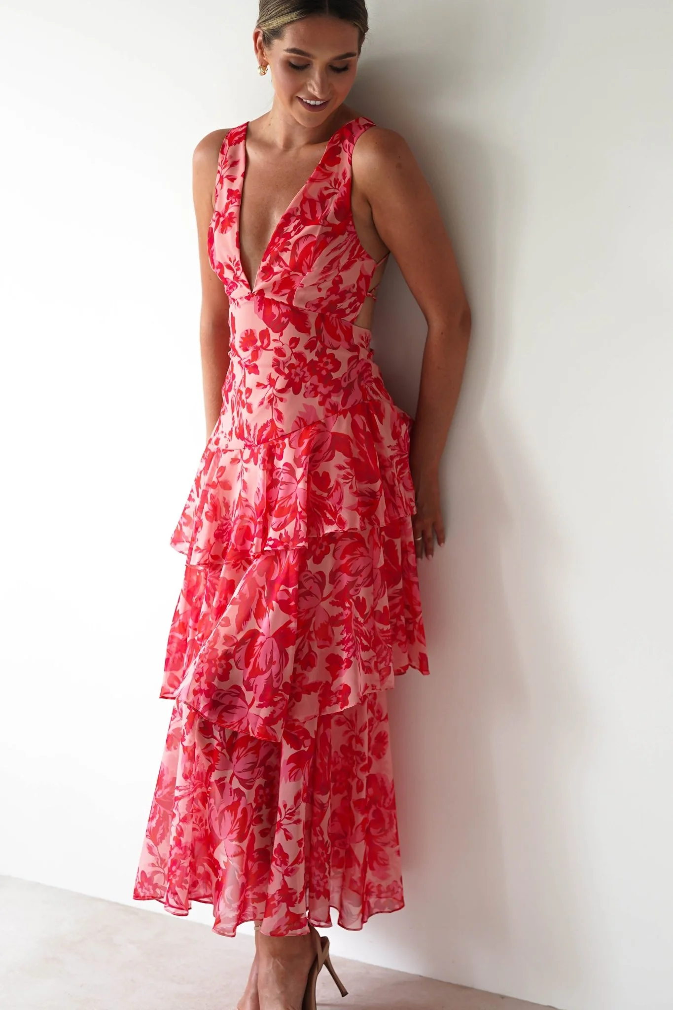 Nicolette Ruffle Maxi Dress | Red Print - Image 8