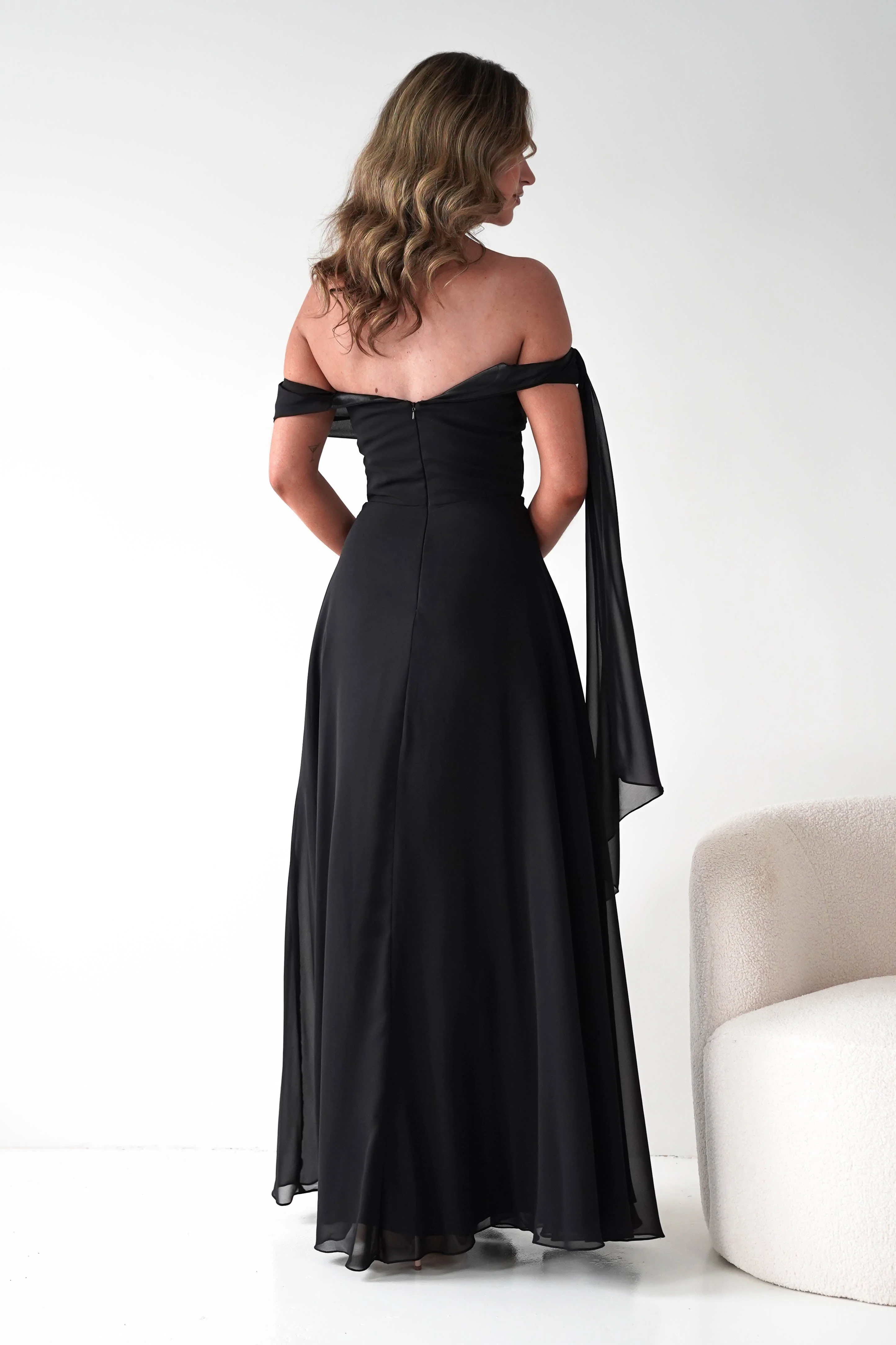 Ninette Off The Shoulder Chiffon Maxi Dress | Black - Image 7