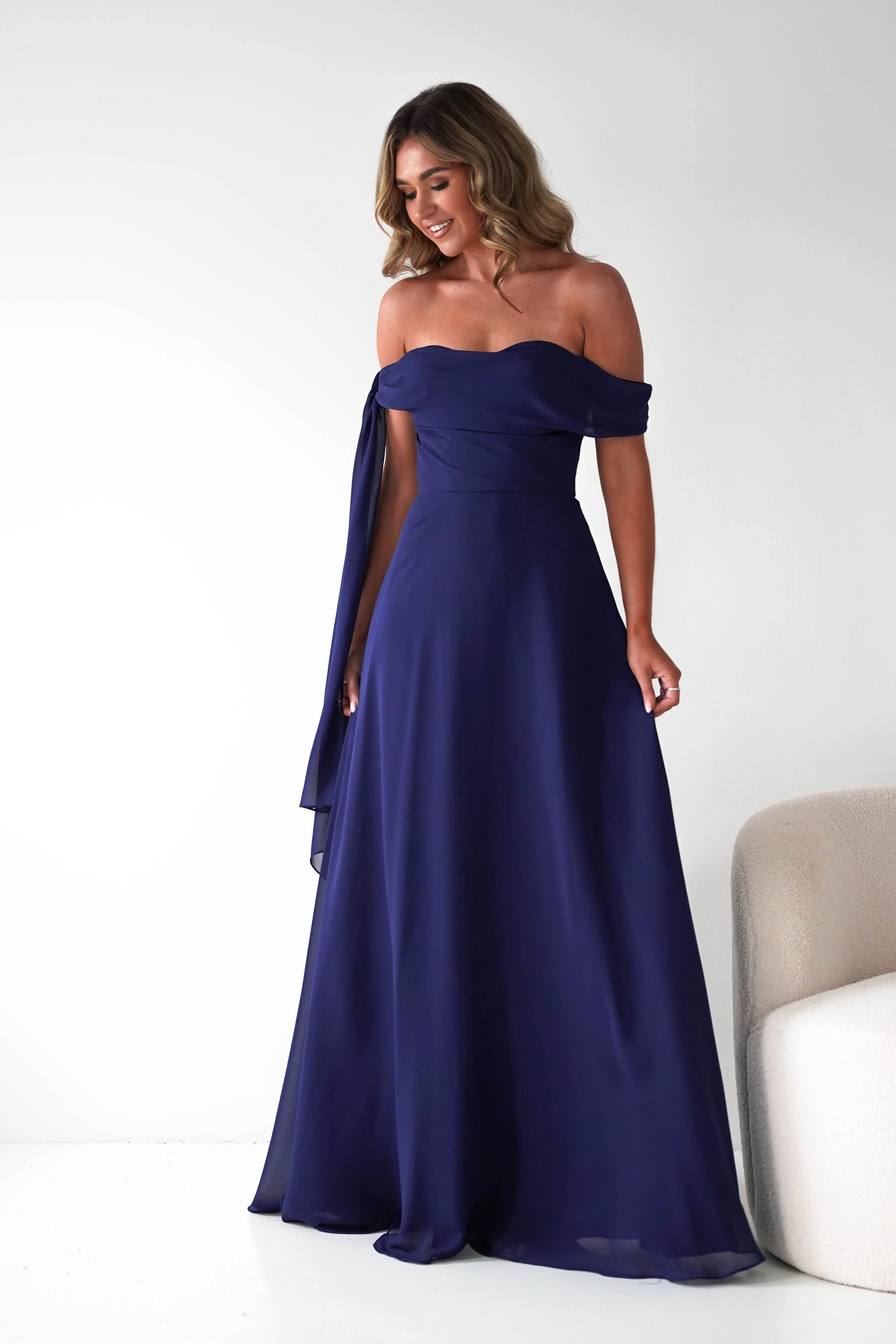Ninette Off The Shoulder Chiffon Maxi Dress | Navy - Image 10