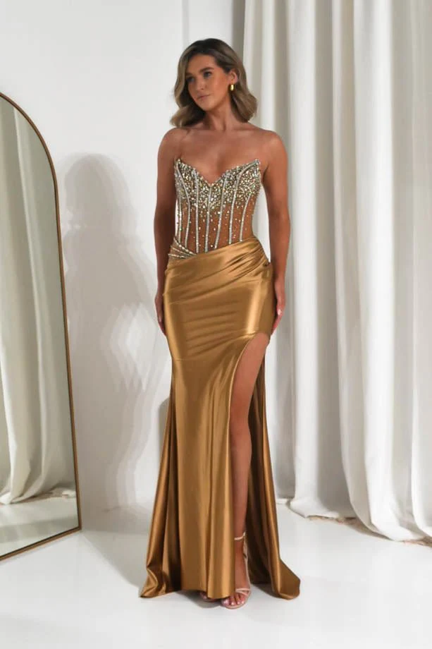 Paloma Crystal Embellished Sheer Corset Gown | Bronze - Image 6