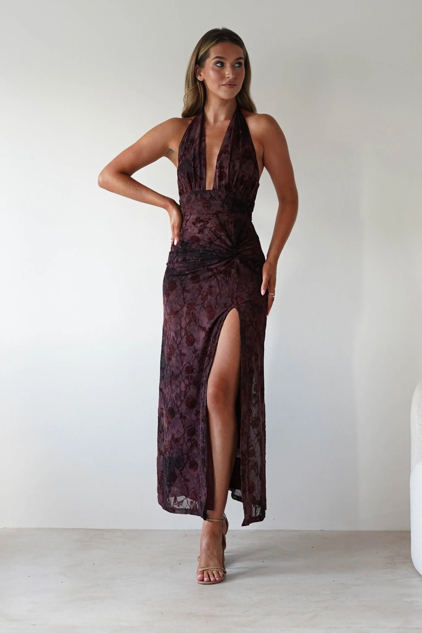 Paxton Halter Neck Floral Maxi Dress | Wine - Image 6