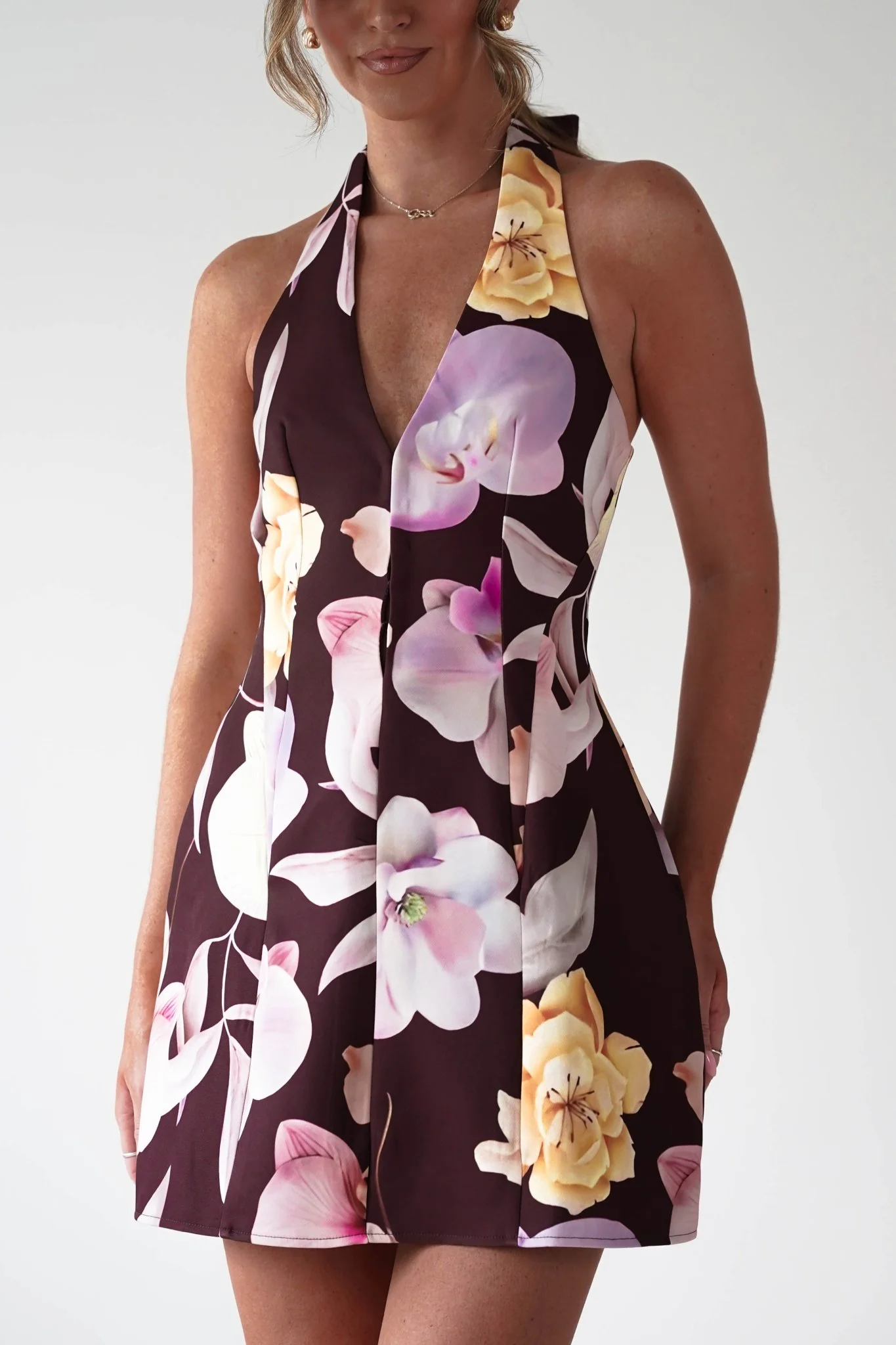 Peony Structured Halter Neck Mini Dress | Brown - Image 6