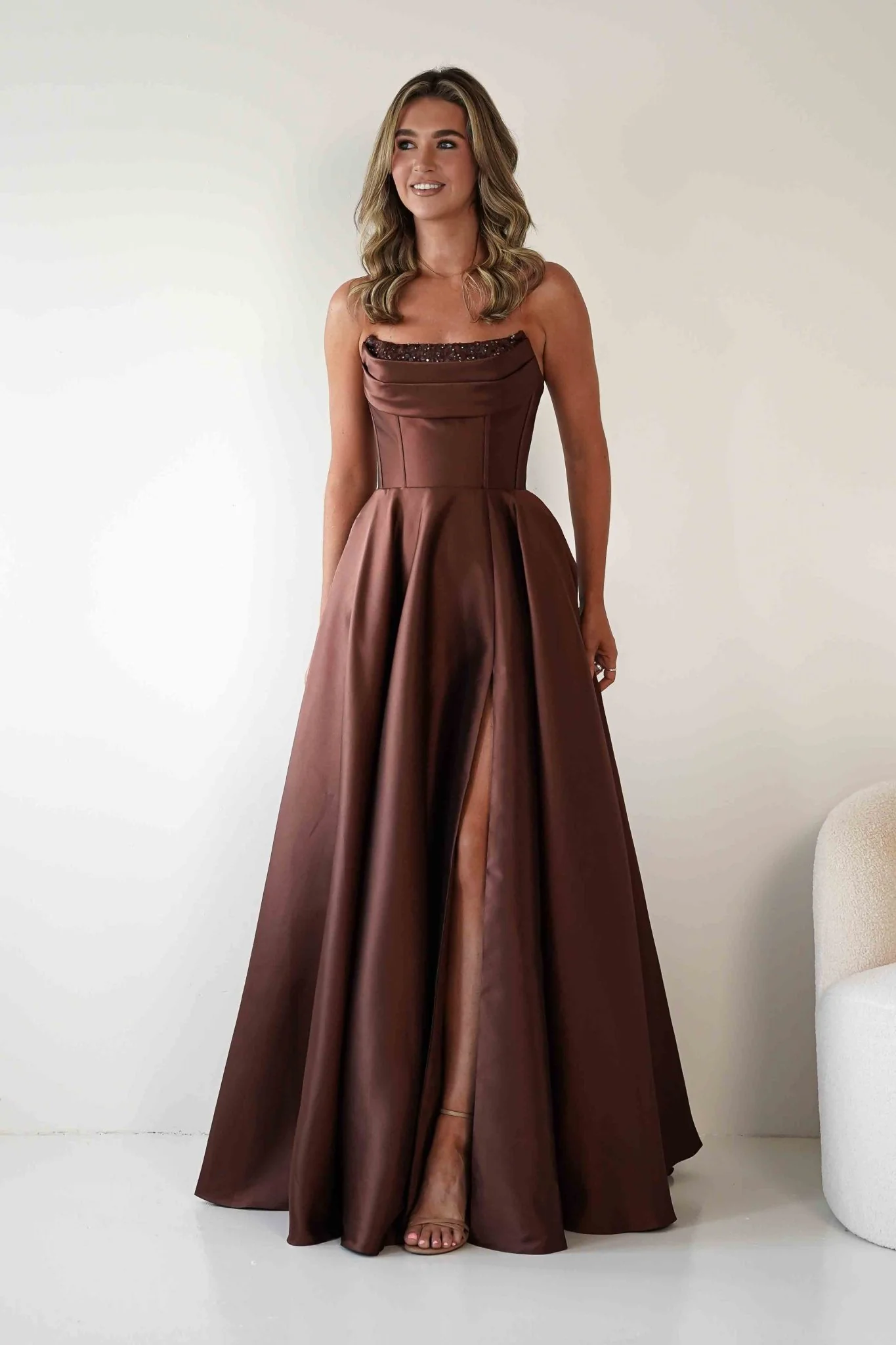 Pepper Strapless A-Line Maxi Gown | Brown - Image 9