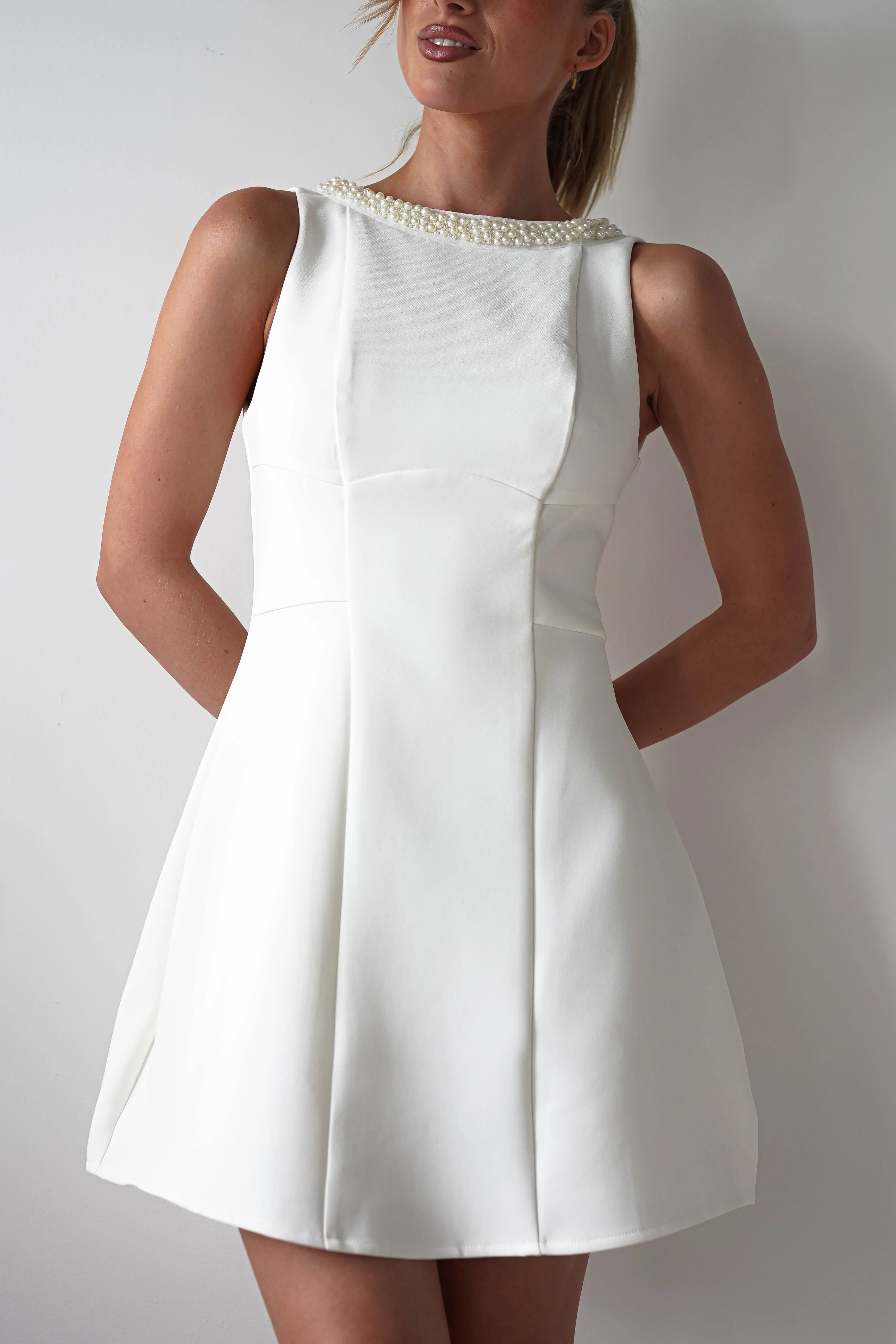 Polly Structured Pearl Detail Mini Dress | White - Image 2