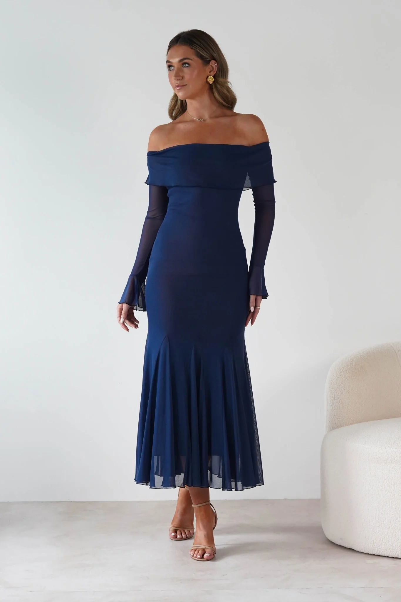Presley Mesh Long Sleeve Midaxi Dress | Blue