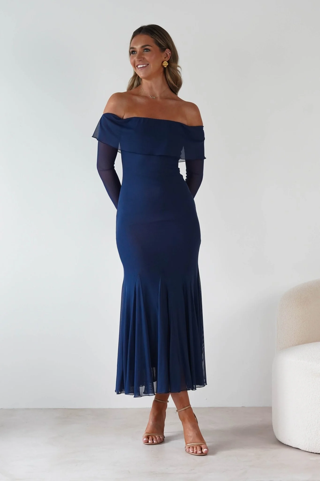 Presley Mesh Long Sleeve Midaxi Dress | Blue - Image 3