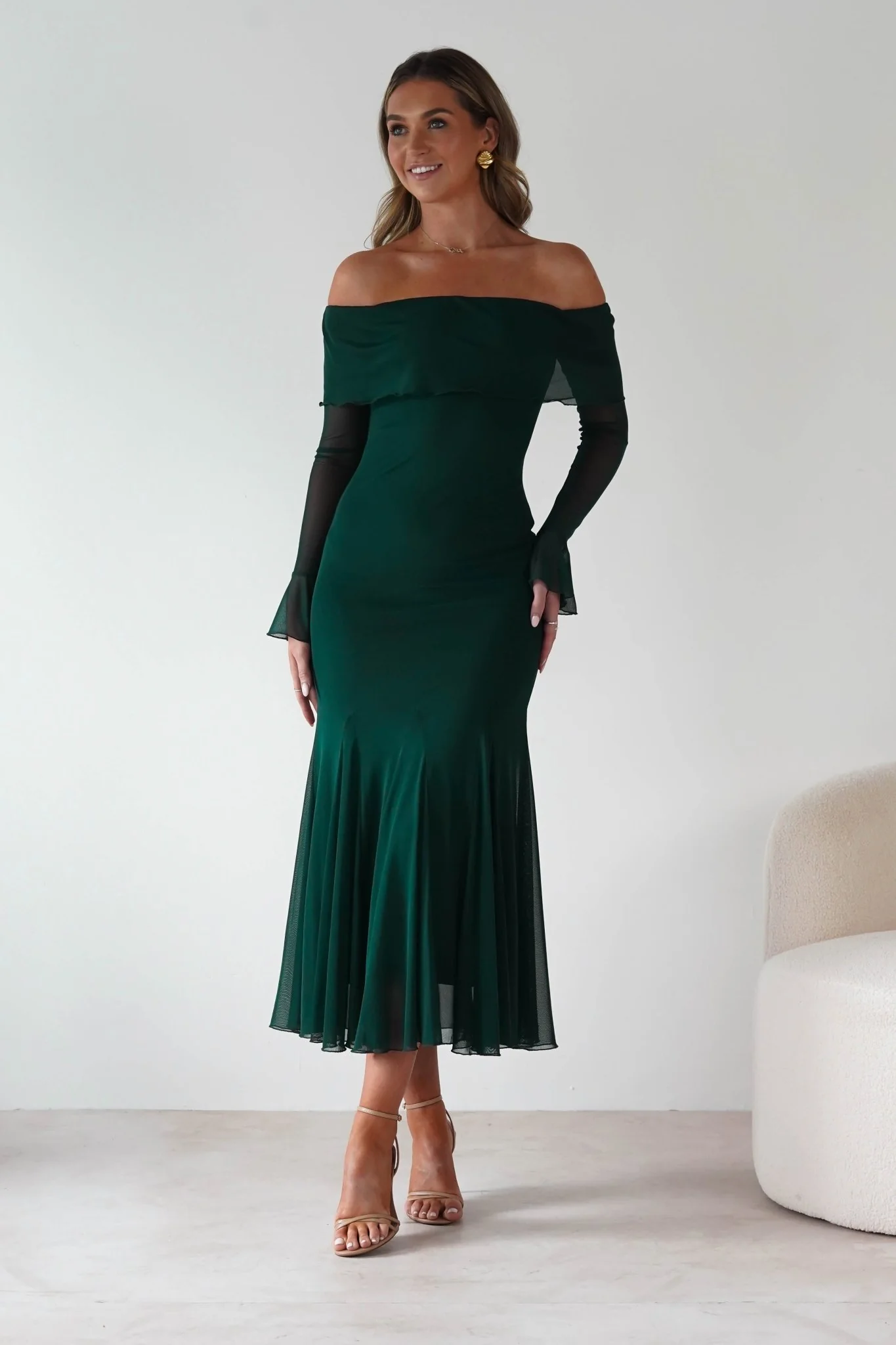 Presley Mesh Long Sleeve Midaxi Dress | Forest Green - Image 6