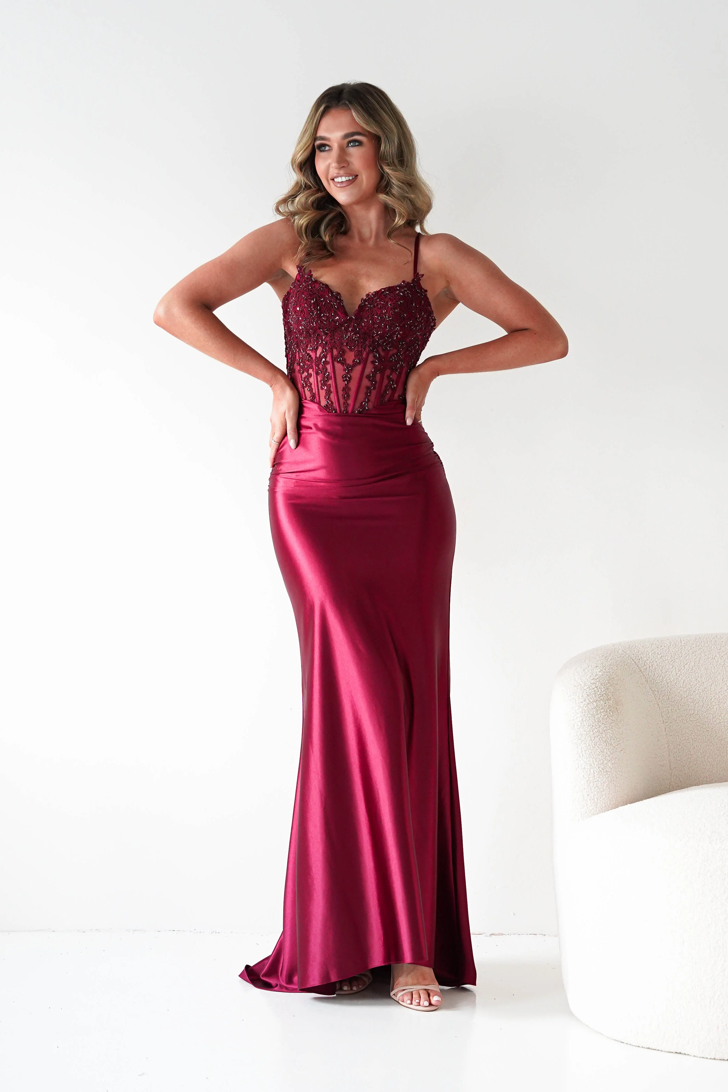 Raya Embellished Corset Gown | Dark Red - Image 12