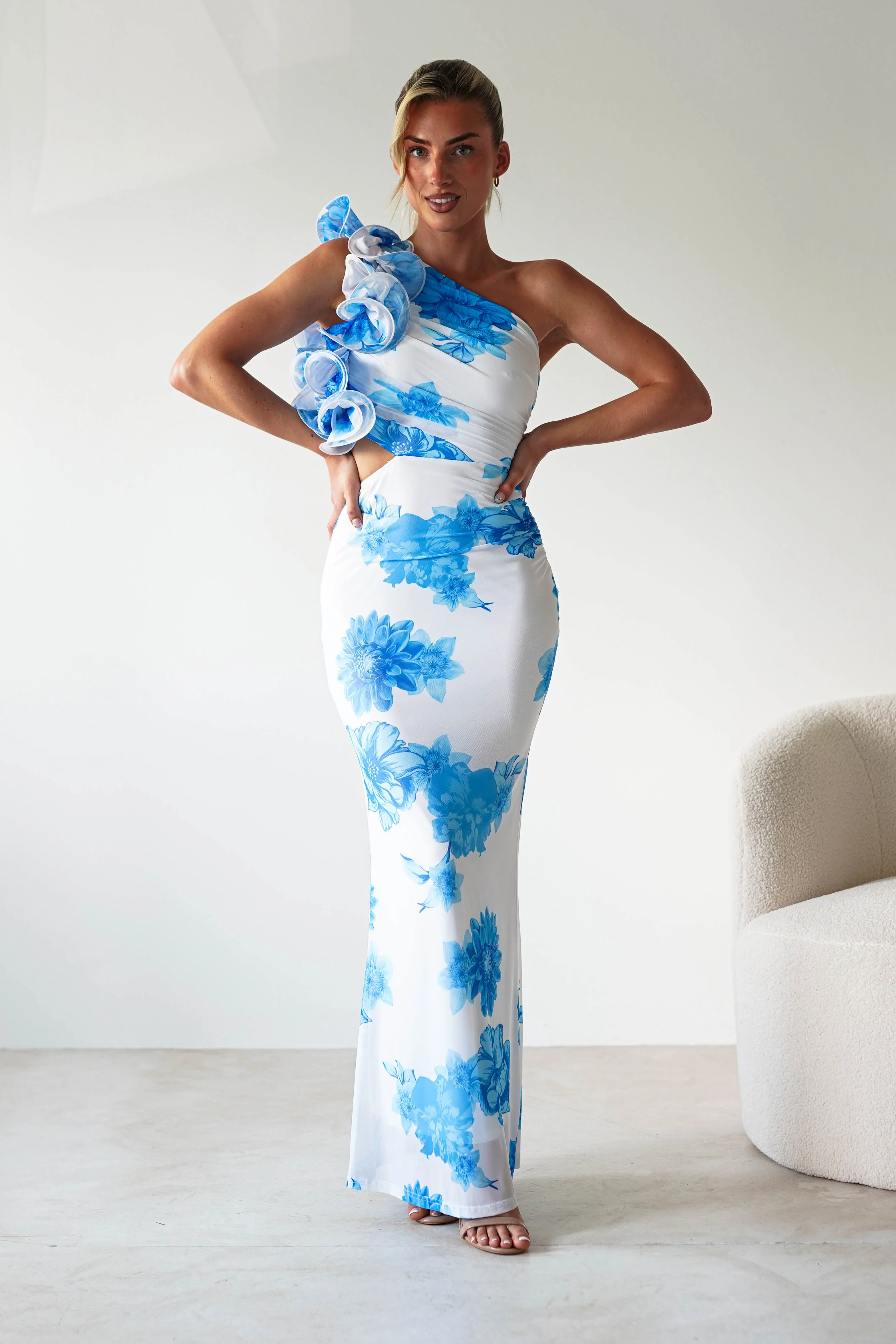 Rhia Ruffle Floral Maxi Dress | Blue/White