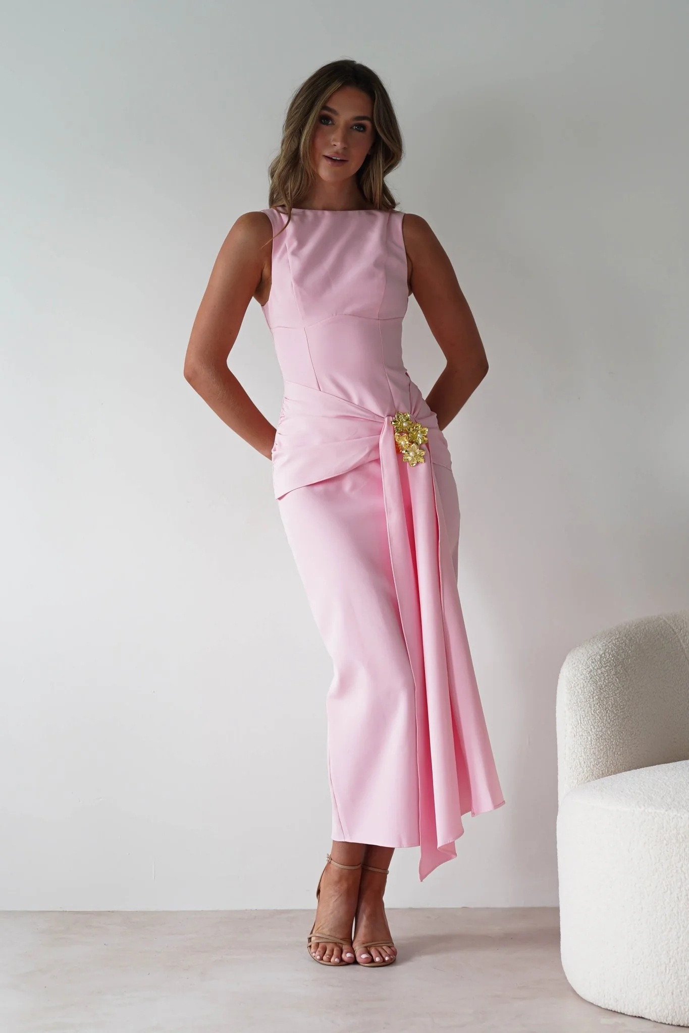 Rina Gathered Waist Midaxi Dress | Pink - Image 8