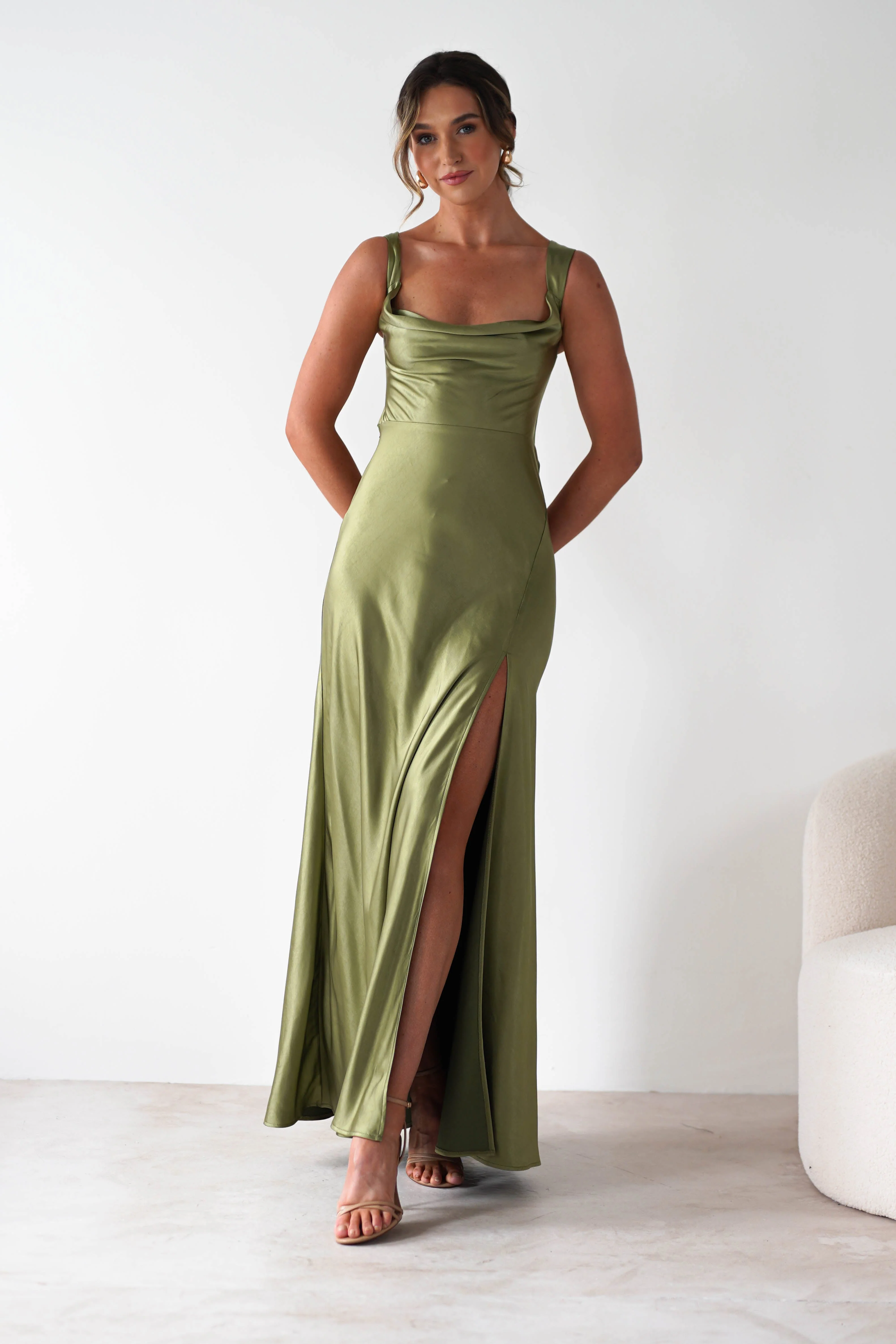 Riviera Soft Satin Maxi Gown | Olive - Image 7