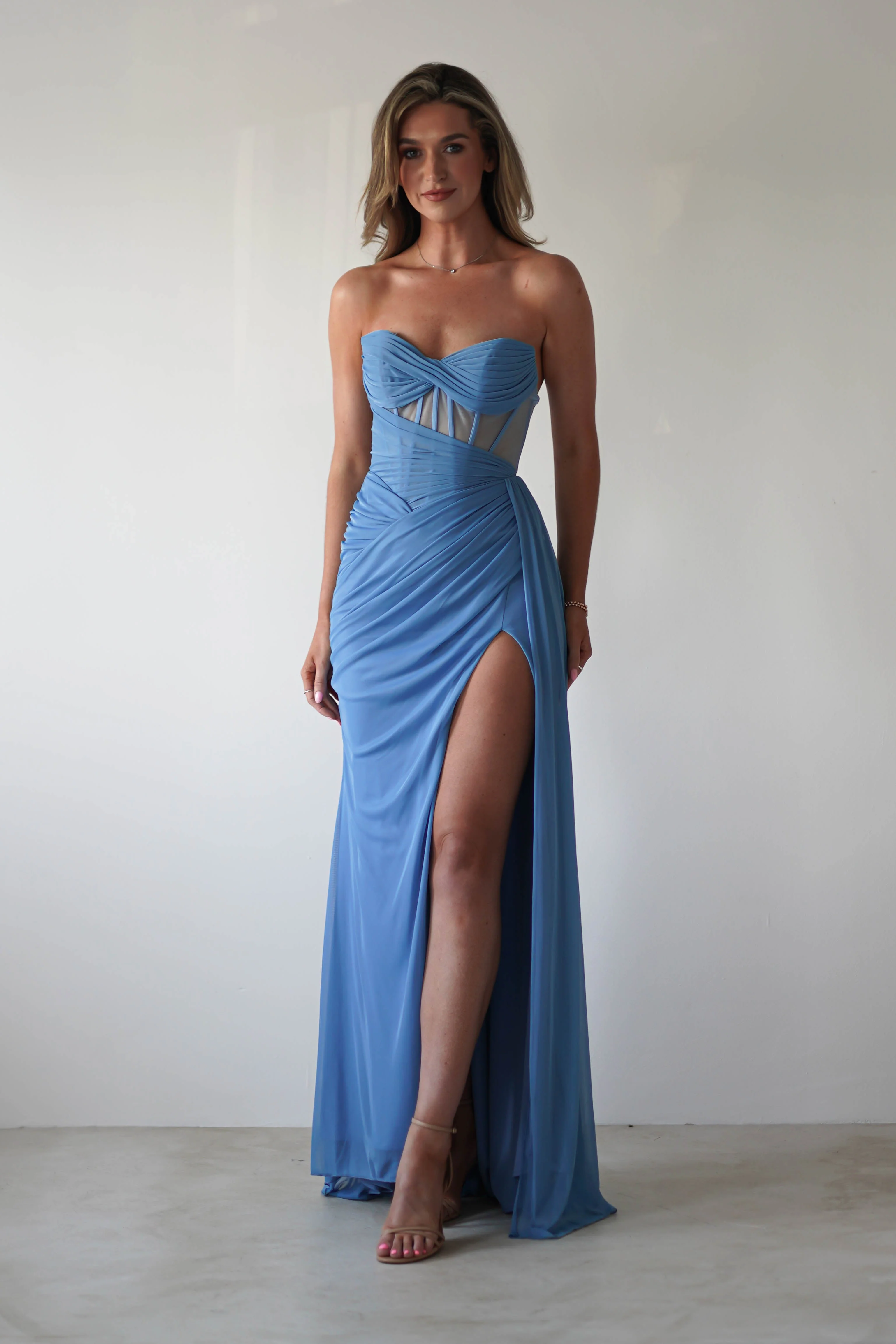 Robyn Draped Fitted Stapless Gown | Blue - Image 6