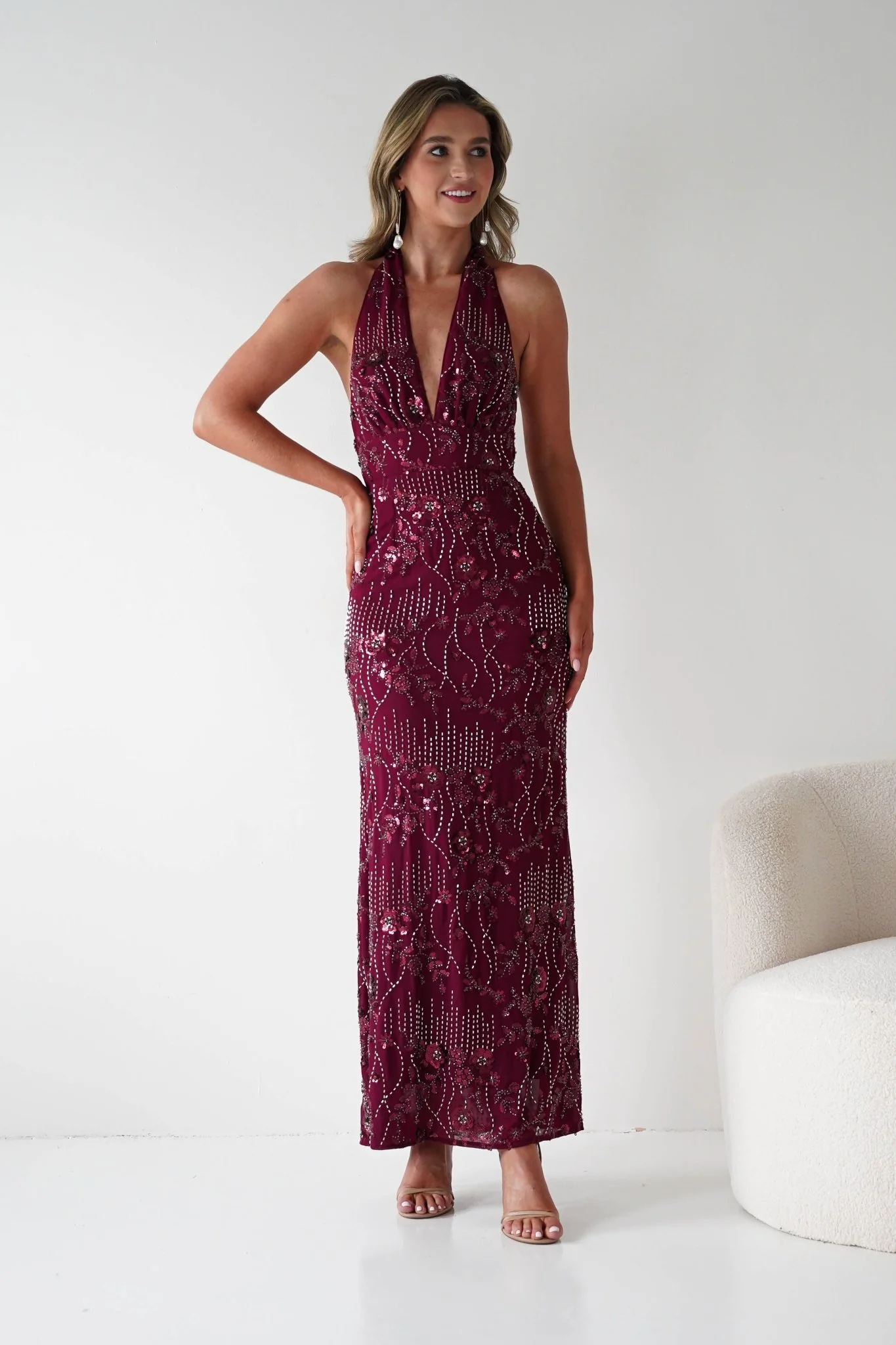 Sabrina Beaded Halterneck Maxi Dress | Wine - Image 9