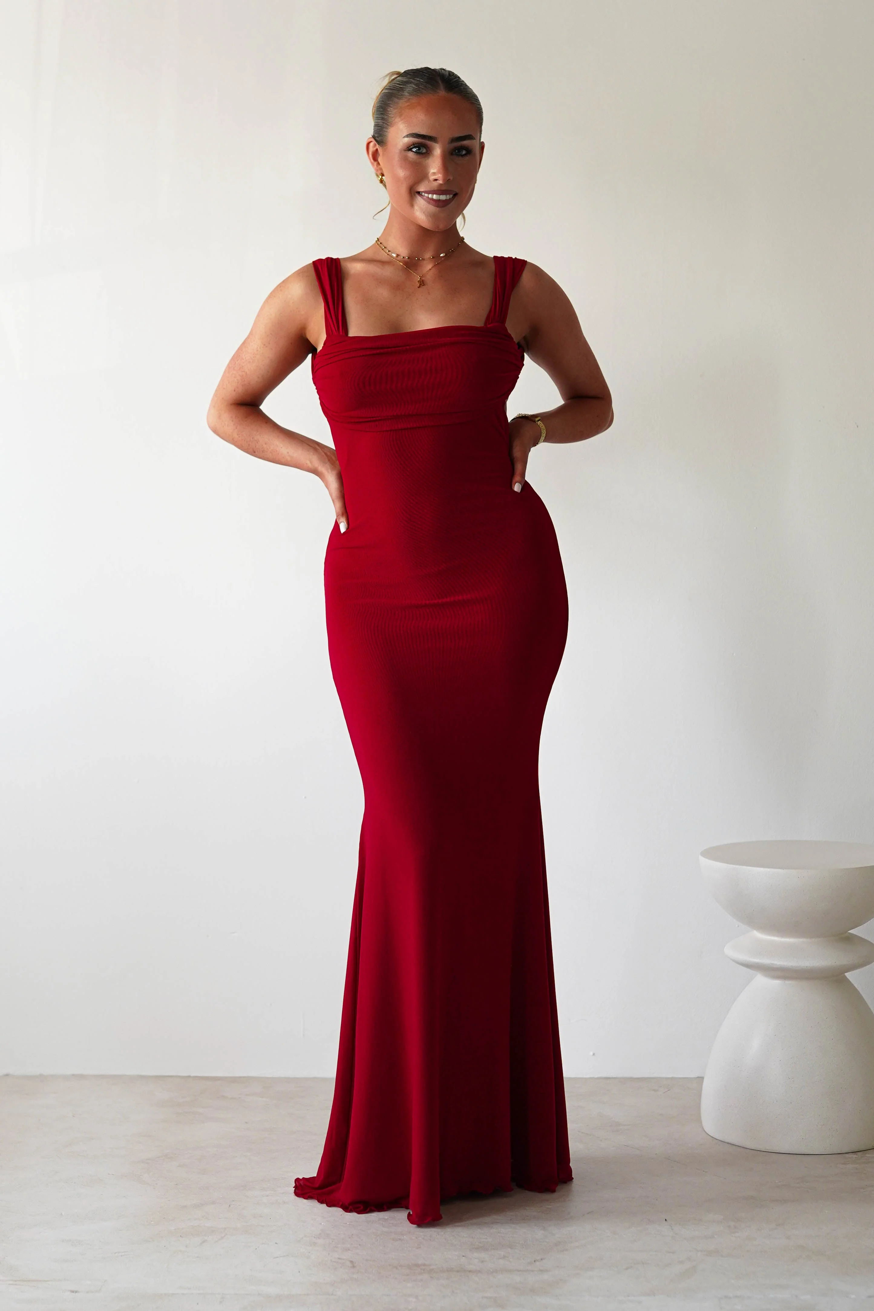 Sky Stretchy Mesh Backless Maxi Dress | Dark Red - Image 10