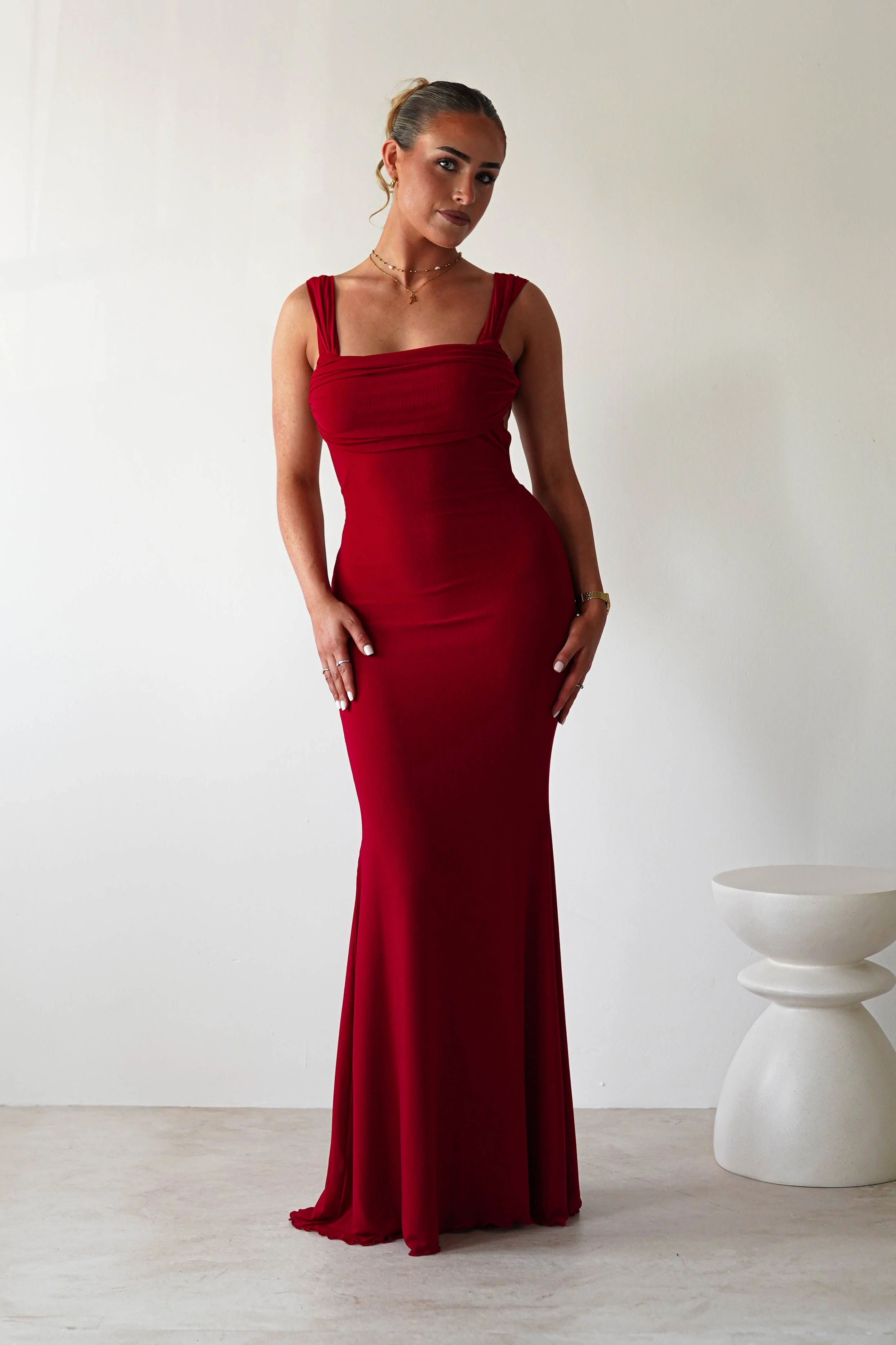 Sky Stretchy Mesh Backless Maxi Dress | Dark Red - Image 8