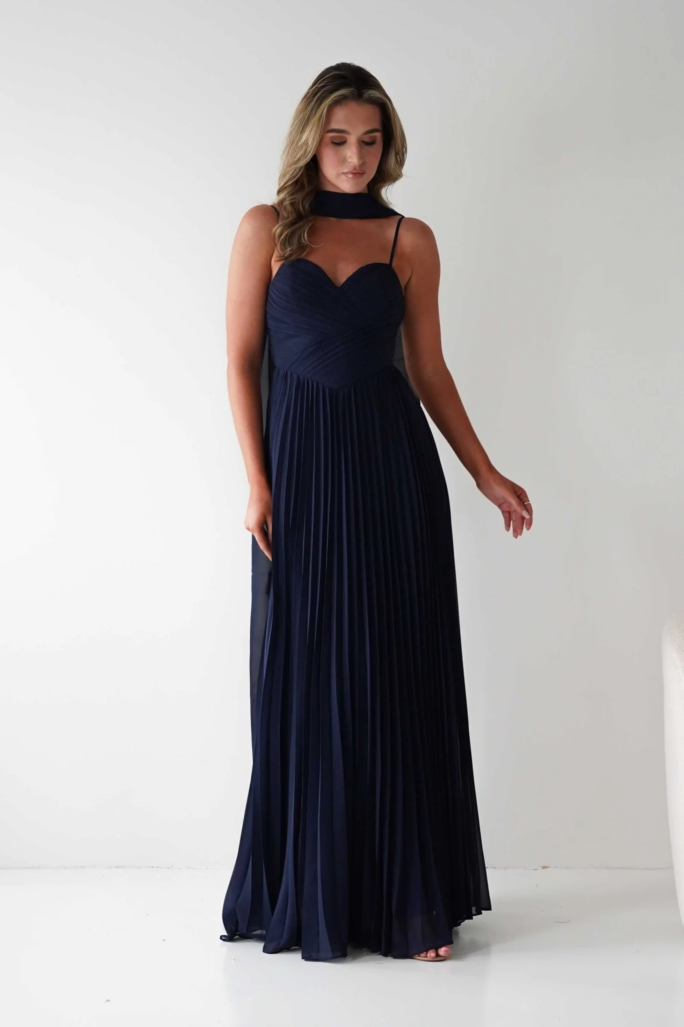 Sonia Pleated Scarf detail Maxi Dress | Navy - Image 9