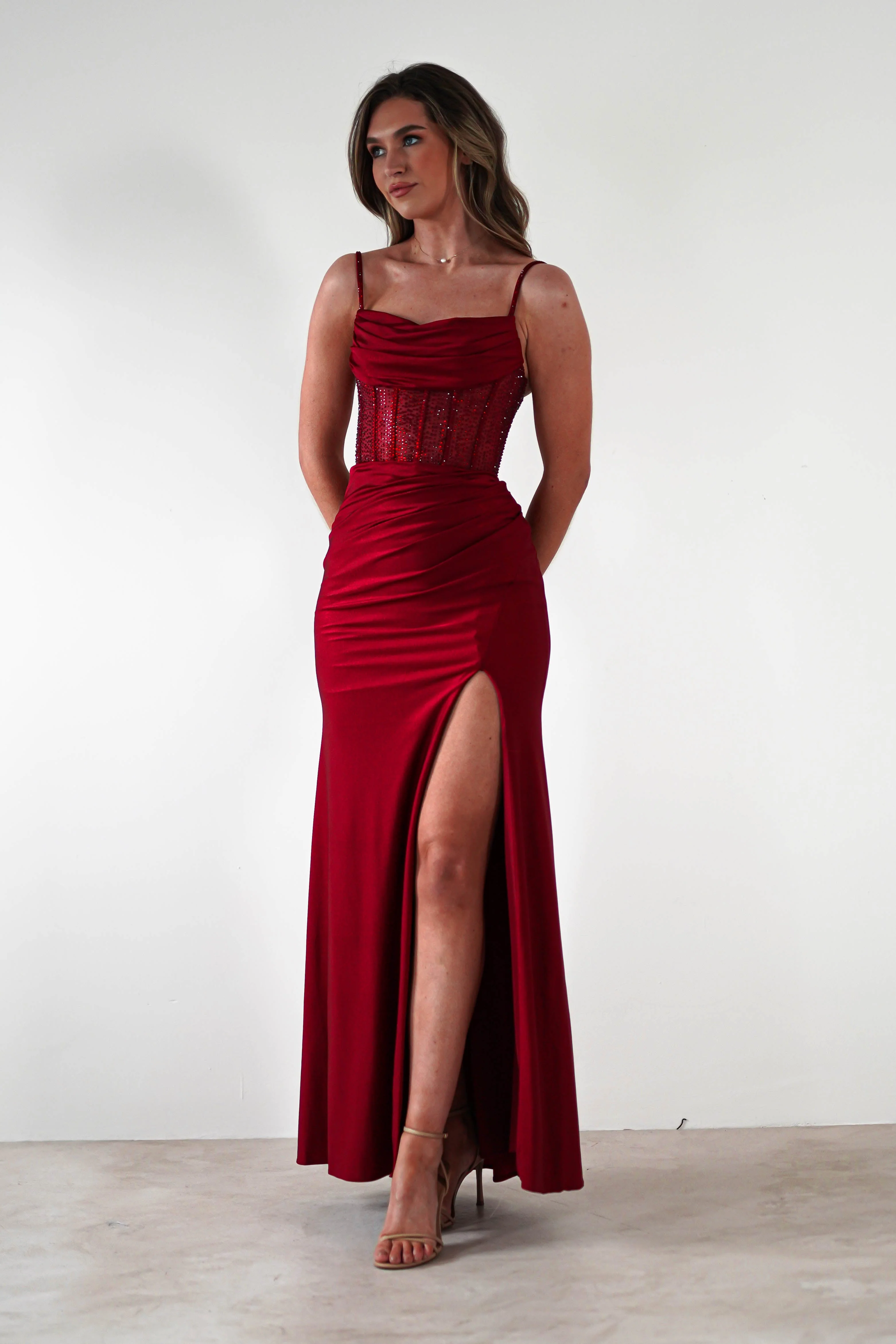 Stefani Rhinestone Bodice Gown | Burgundy - Image 5