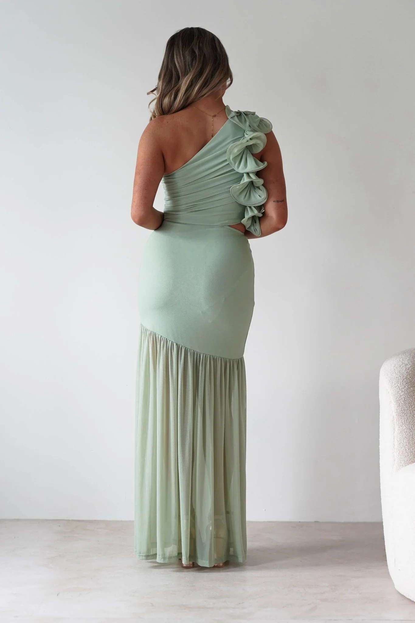 Stephanie Mesh Ruffle Maxi Dress | Sage - Image 3