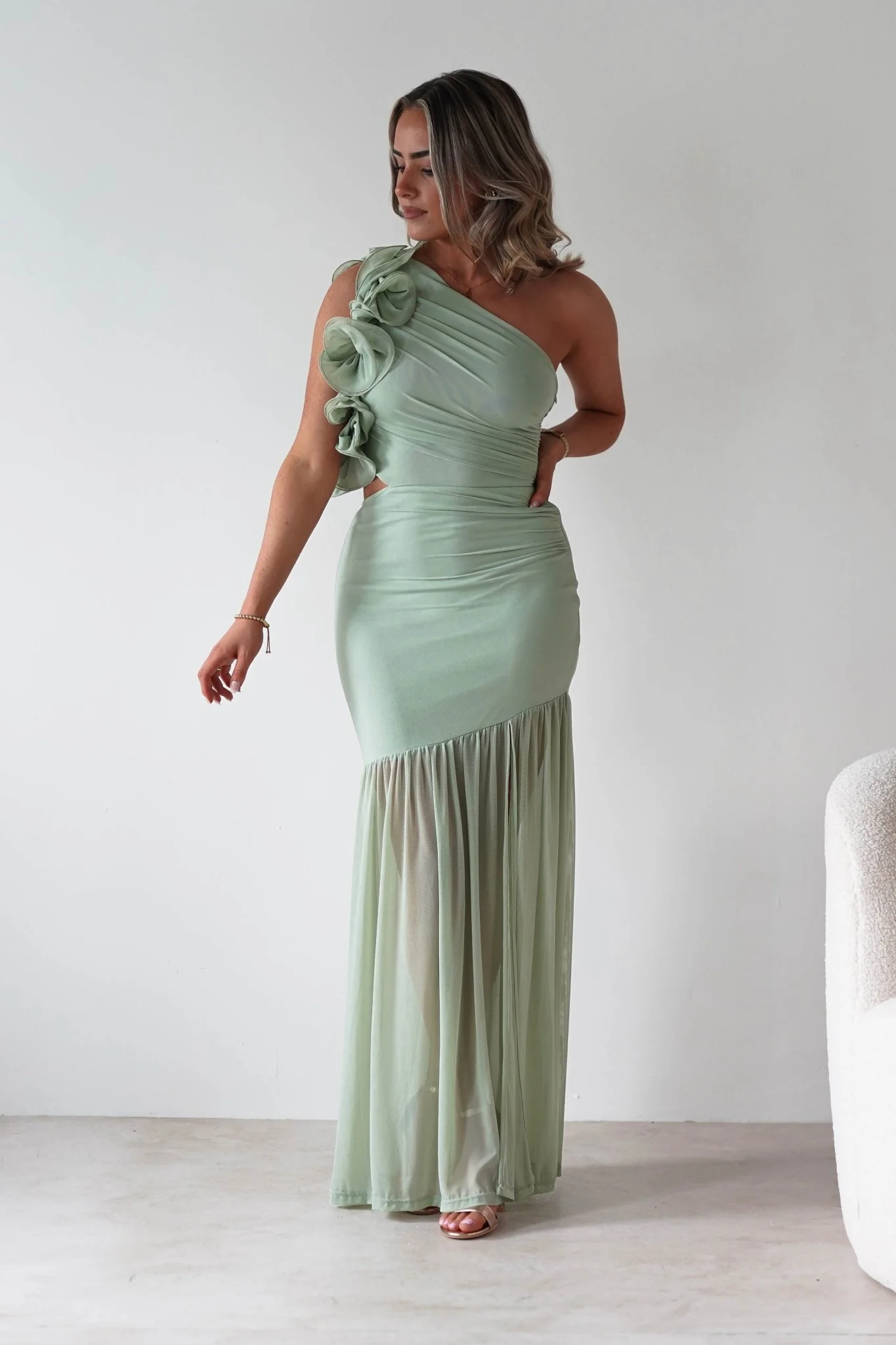 Stephanie Mesh Ruffle Maxi Dress | Sage - Image 5