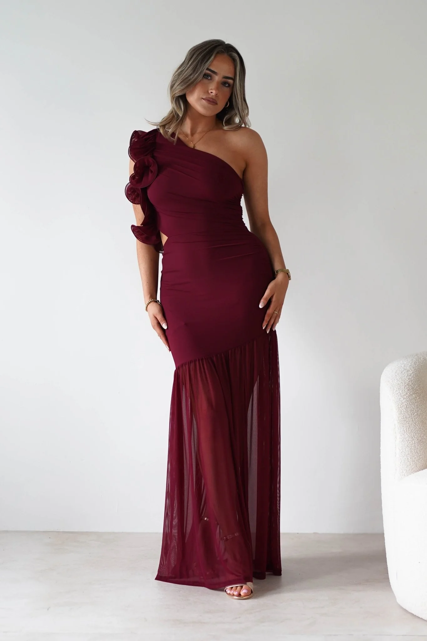 Stephanie Mesh Ruffle Maxi Dress | Wine