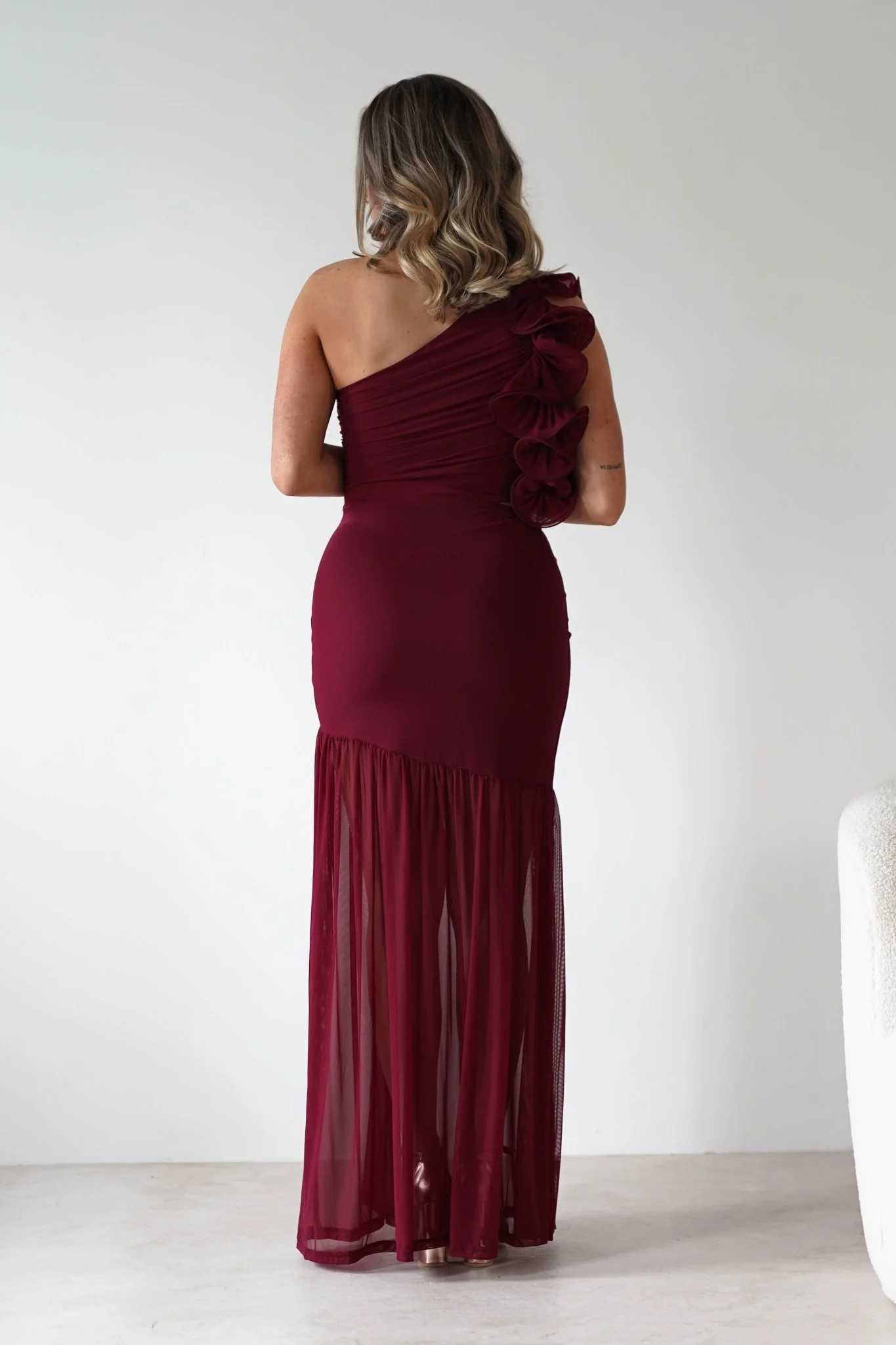 Stephanie Mesh Ruffle Maxi Dress | Wine - Image 3