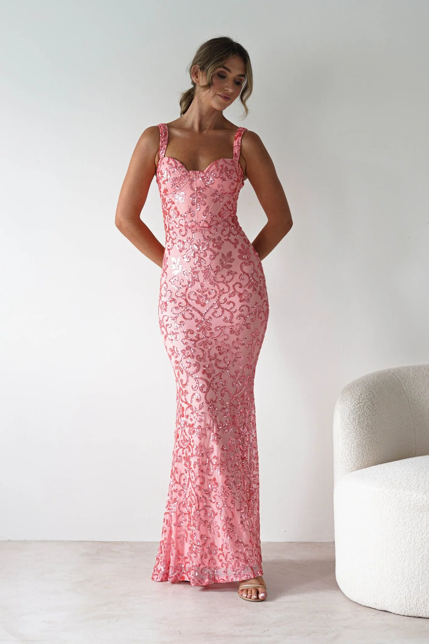Taylor Embroidered Sequin Gown | Coral - Image 7