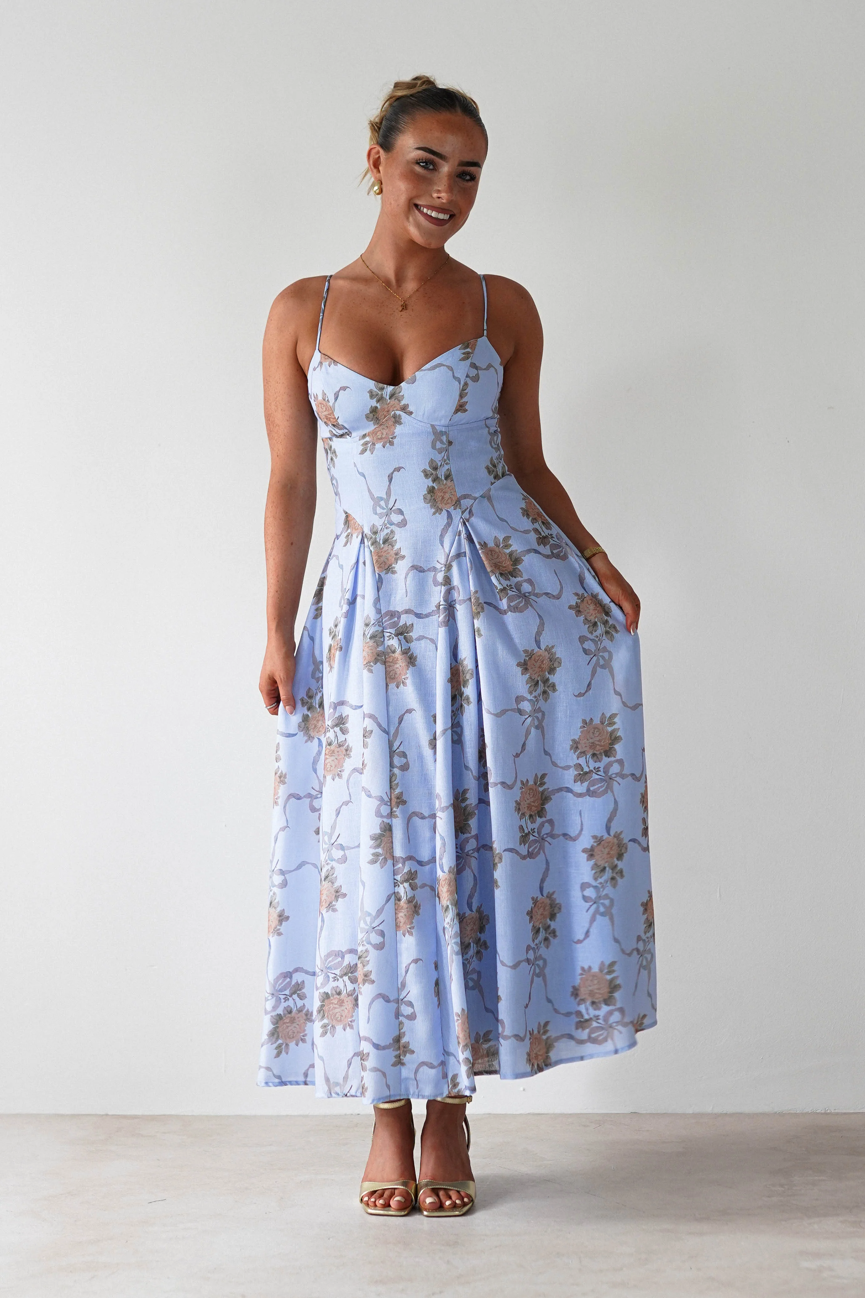 Tessa Floral Print Skater Midaxi Dress | Blue - Image 5