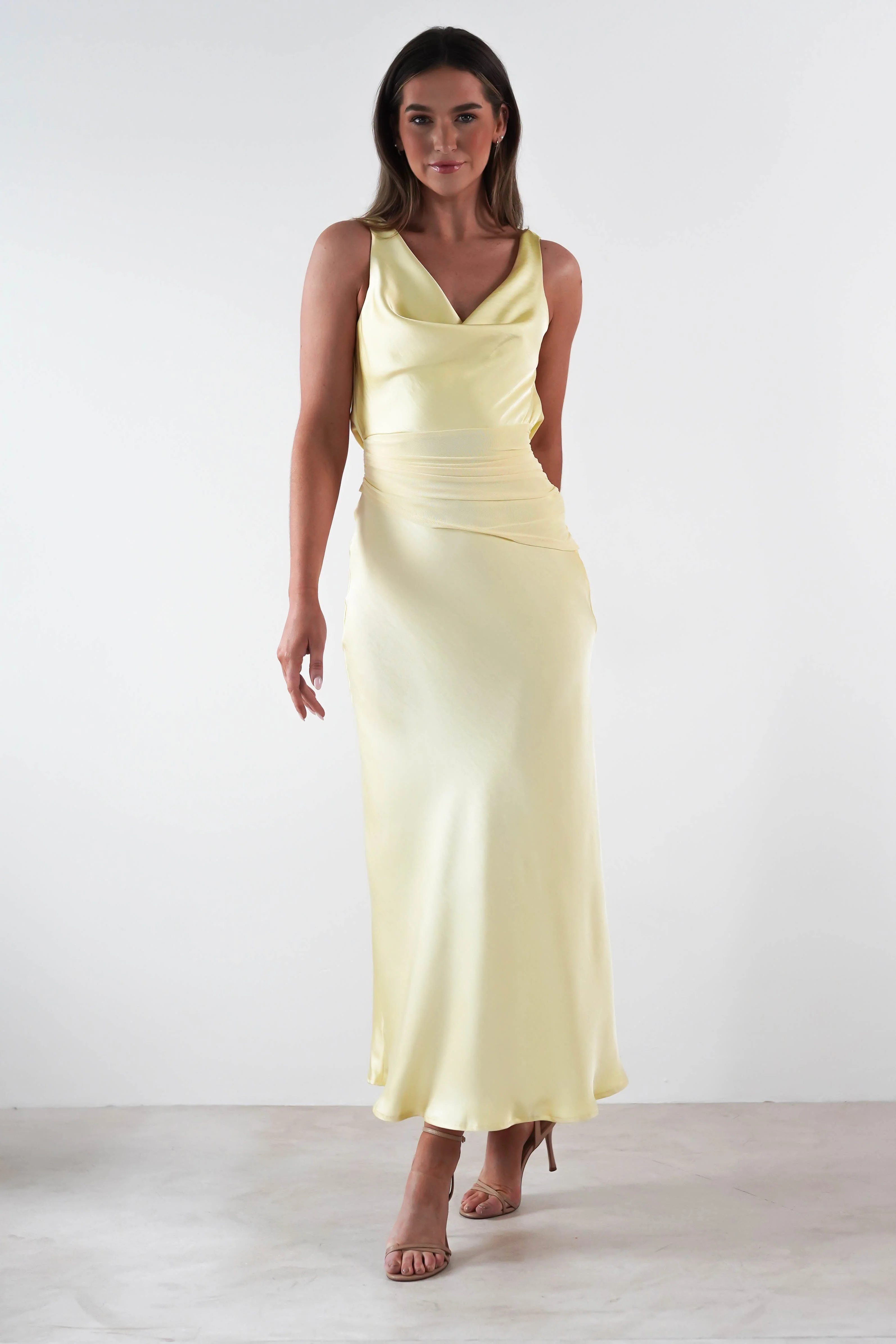 Thea Mesh Midriff Soft Satin Maxi Dress | Yellow - Image 5