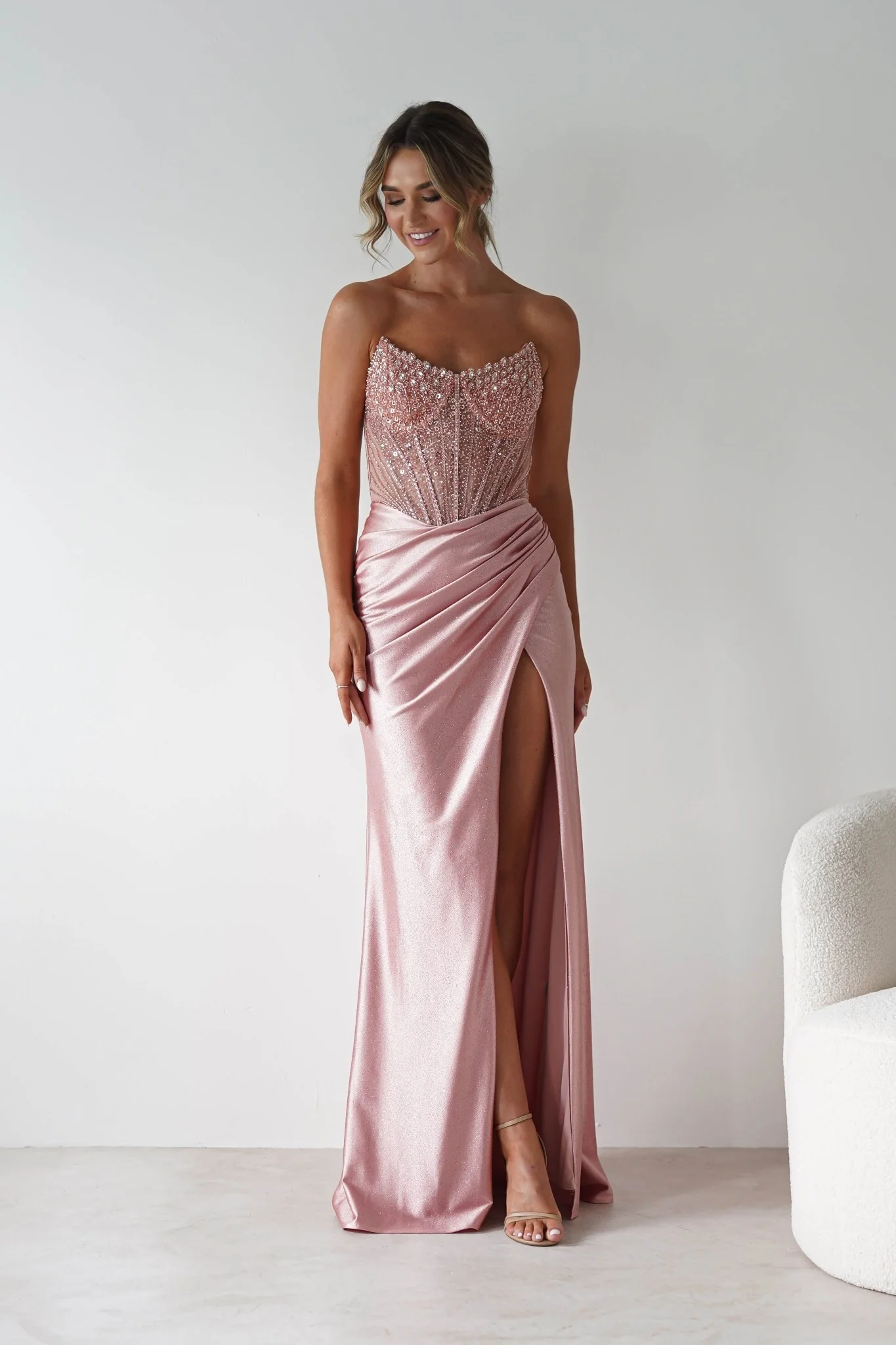 Tiarna Embellished Glitter Gown | Dusty Pink - Image 6