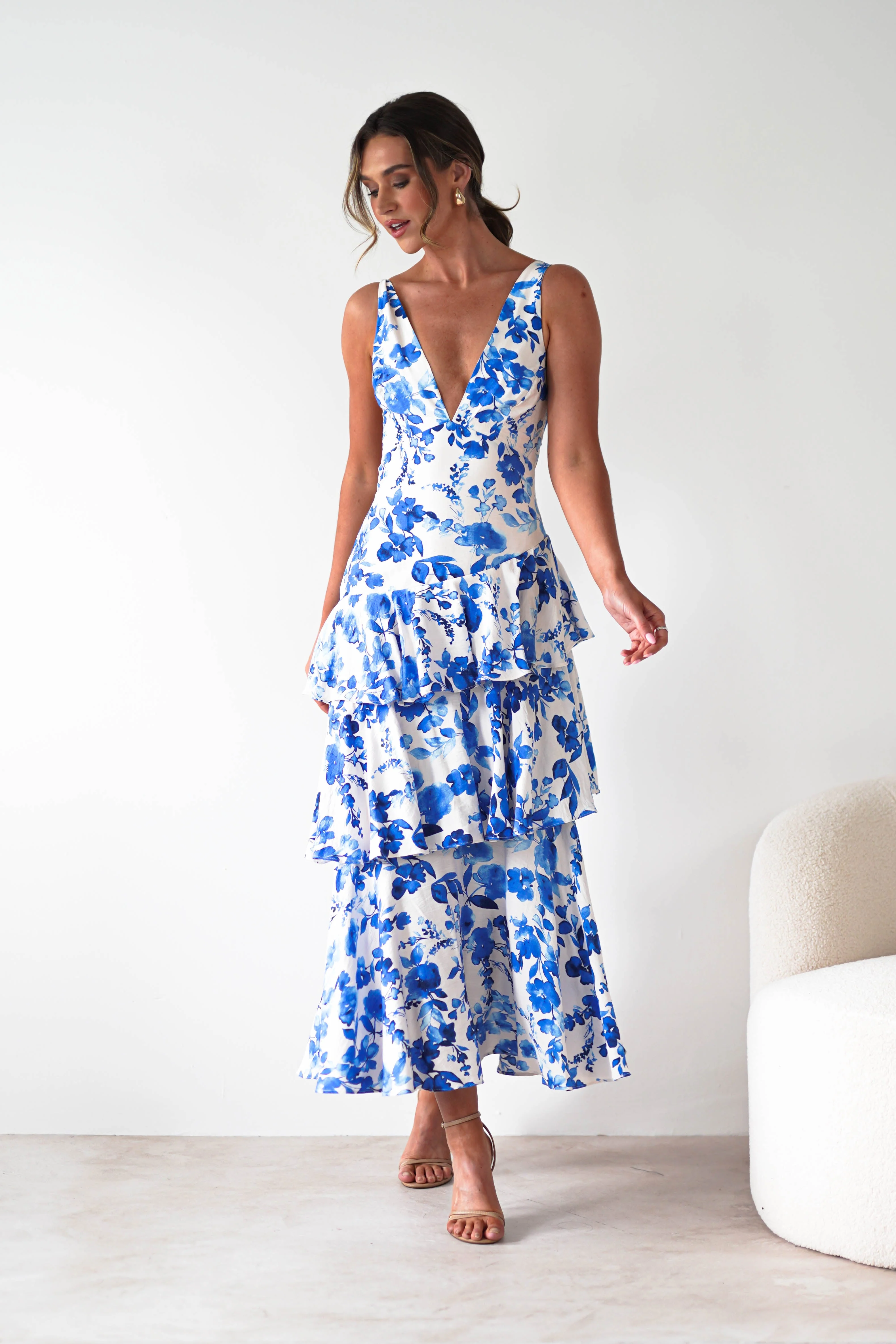 Varana Floral Ruffle Maxi Dress | Blue Print - Image 3