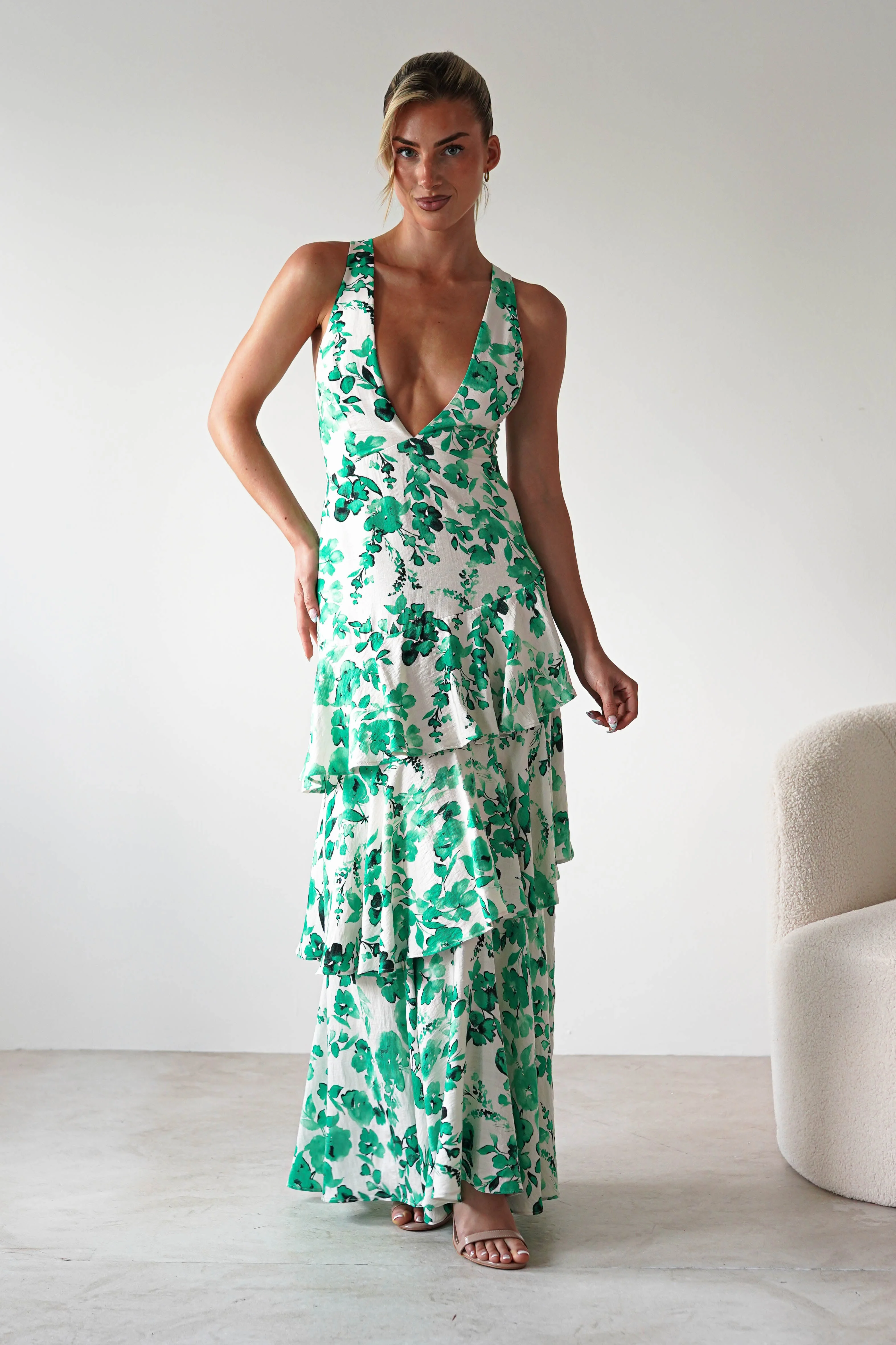 Varana Floral Ruffle Maxi Dress | Green - Image 5