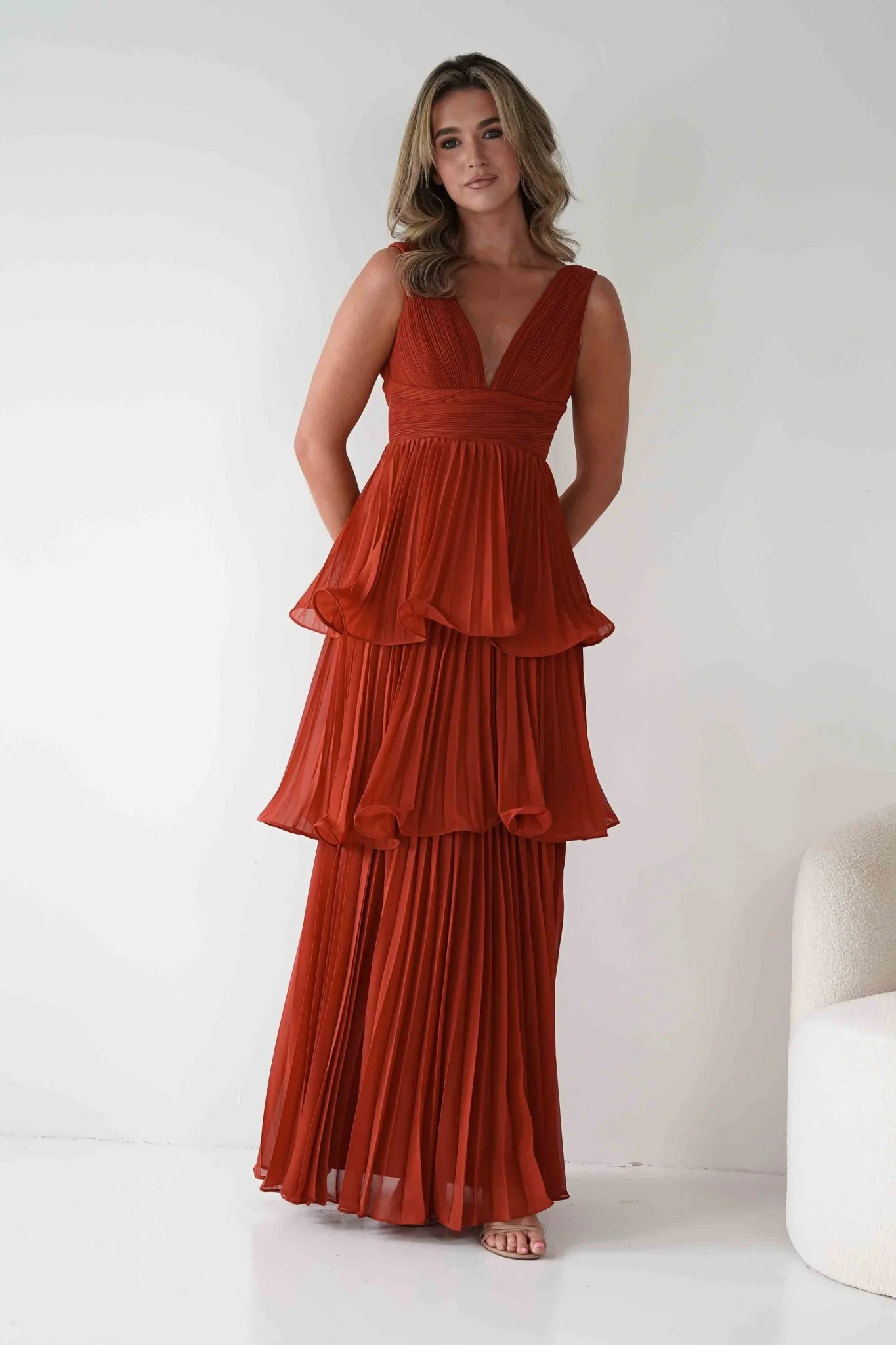 Vina Tiered Pleated Layered Maxi Dress | Rust - Image 2