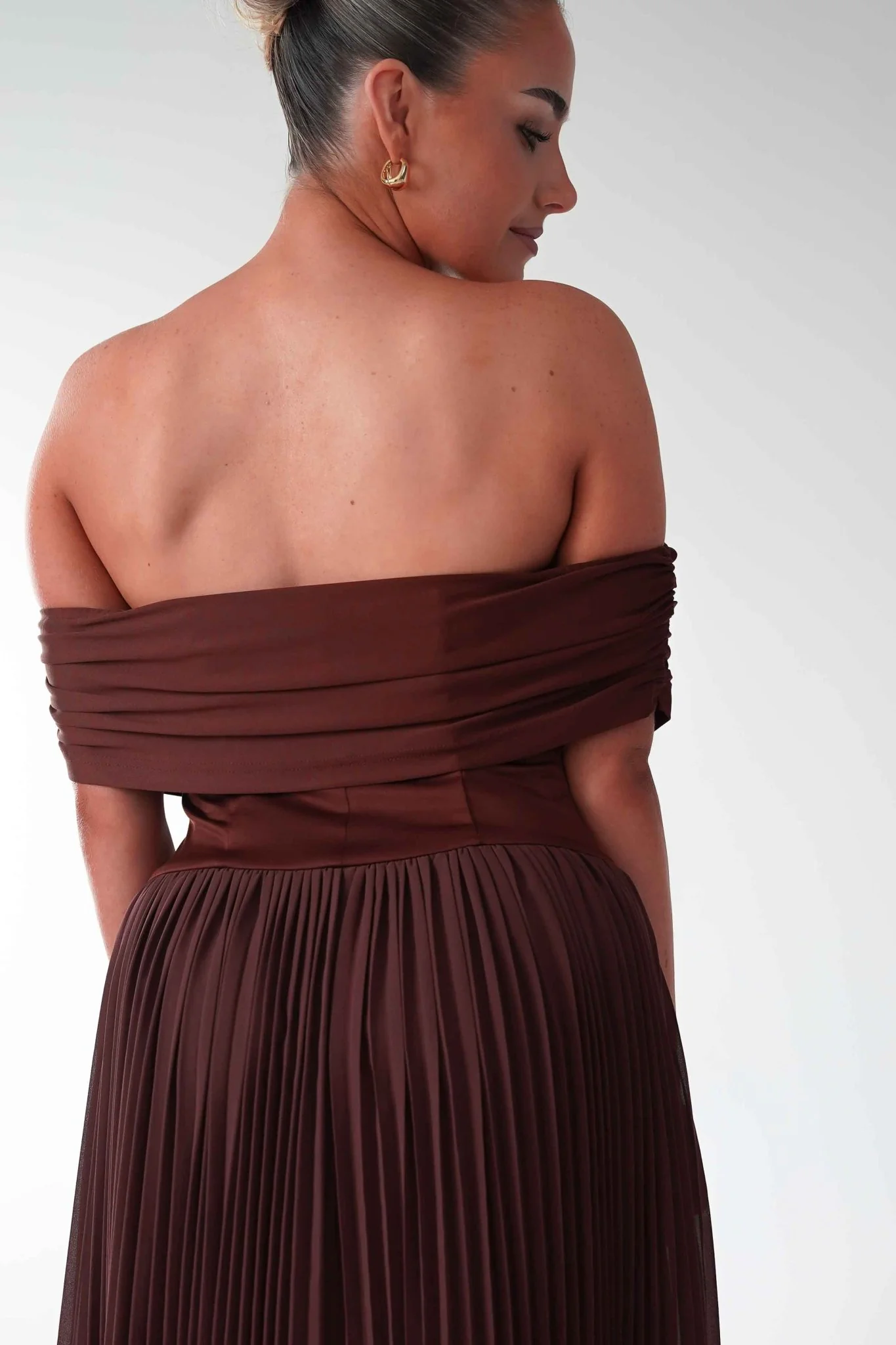 Whitney Pleated Off The Shoulder Maxi Dress | Brown - Image 10