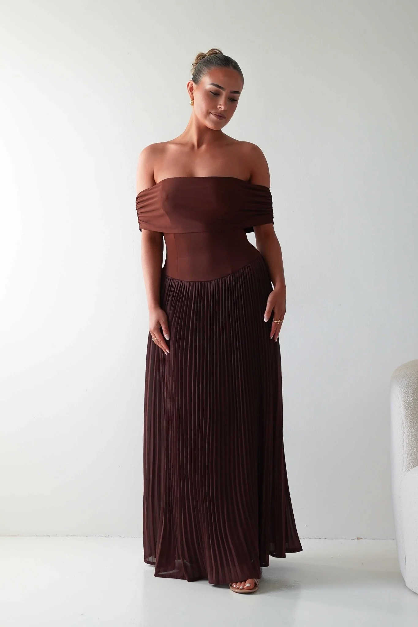 Whitney Pleated Off The Shoulder Maxi Dress | Brown - Image 3