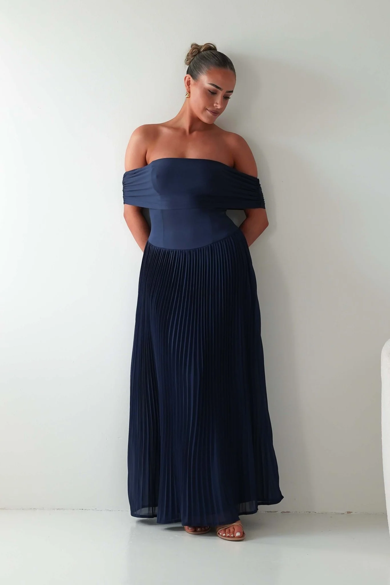 Whitney Pleated Off The Shoulder Maxi Dress | Navy - Image 4