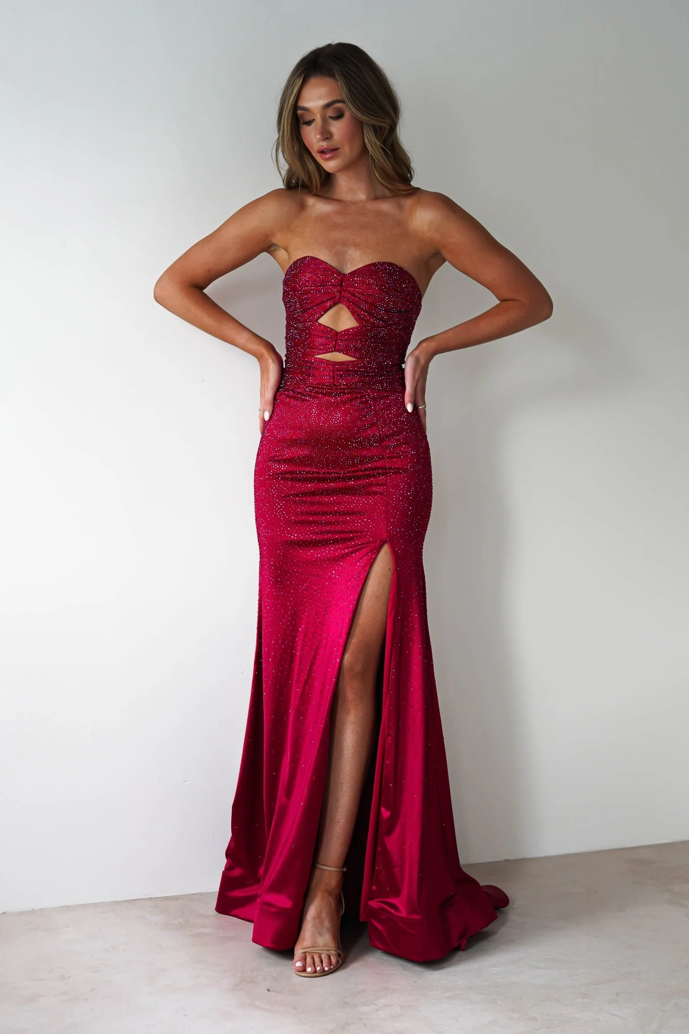 Zohra Cut Out Strapless Rhinestone Gown | Dark Red - Image 4